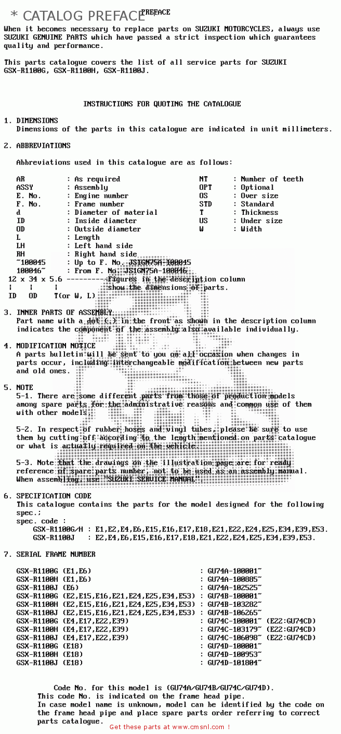* CATALOG PREFACE * GSXR1100 1987 (H) (E01 E02 4 6 15 16 17 18 21 22 24 25 34 39 53)