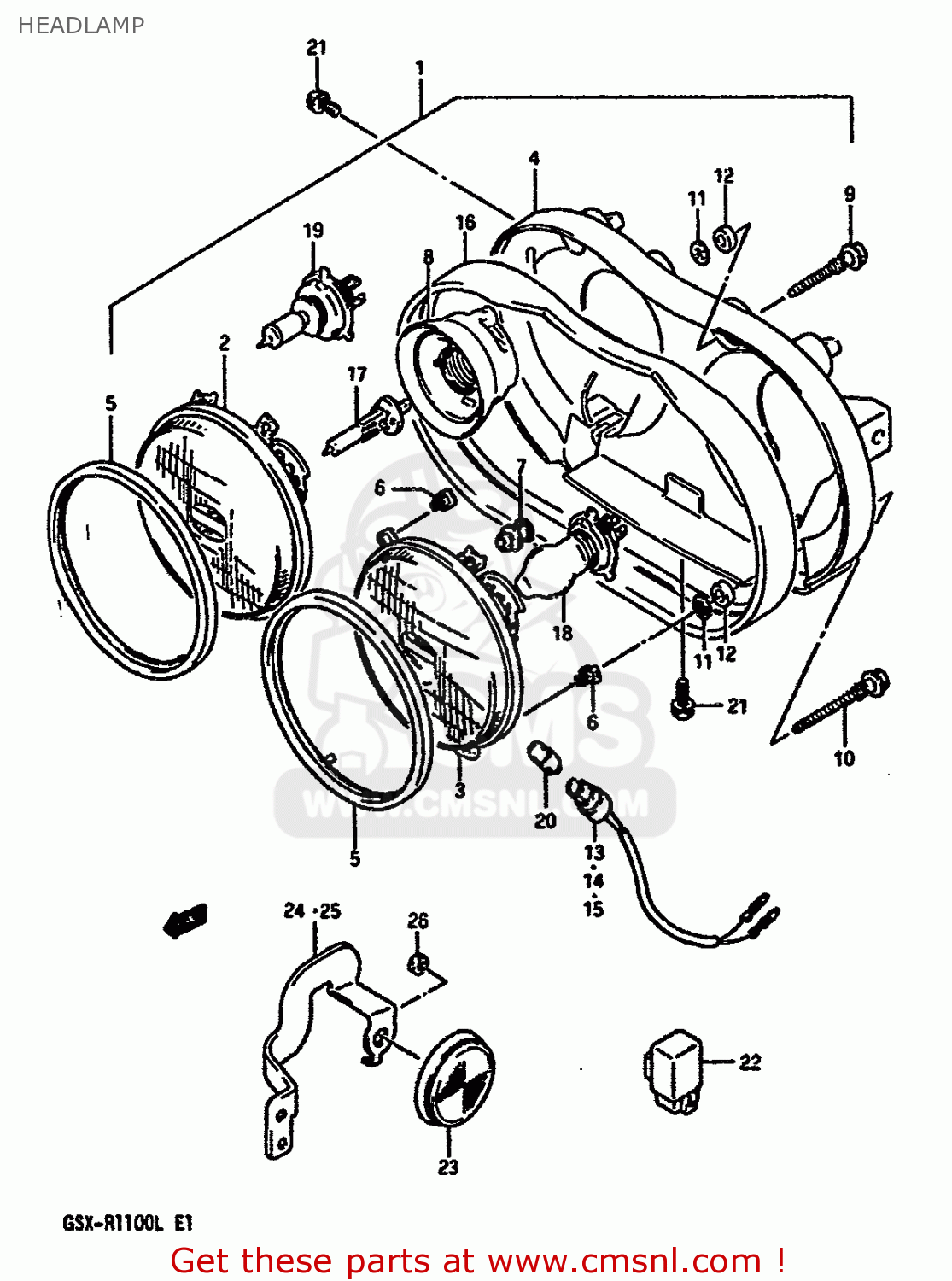 HEADLAMP GSXR1100 1989 (K) (E01 E02 E04 15 16 17 18 21 22 24 25 34 39 53)