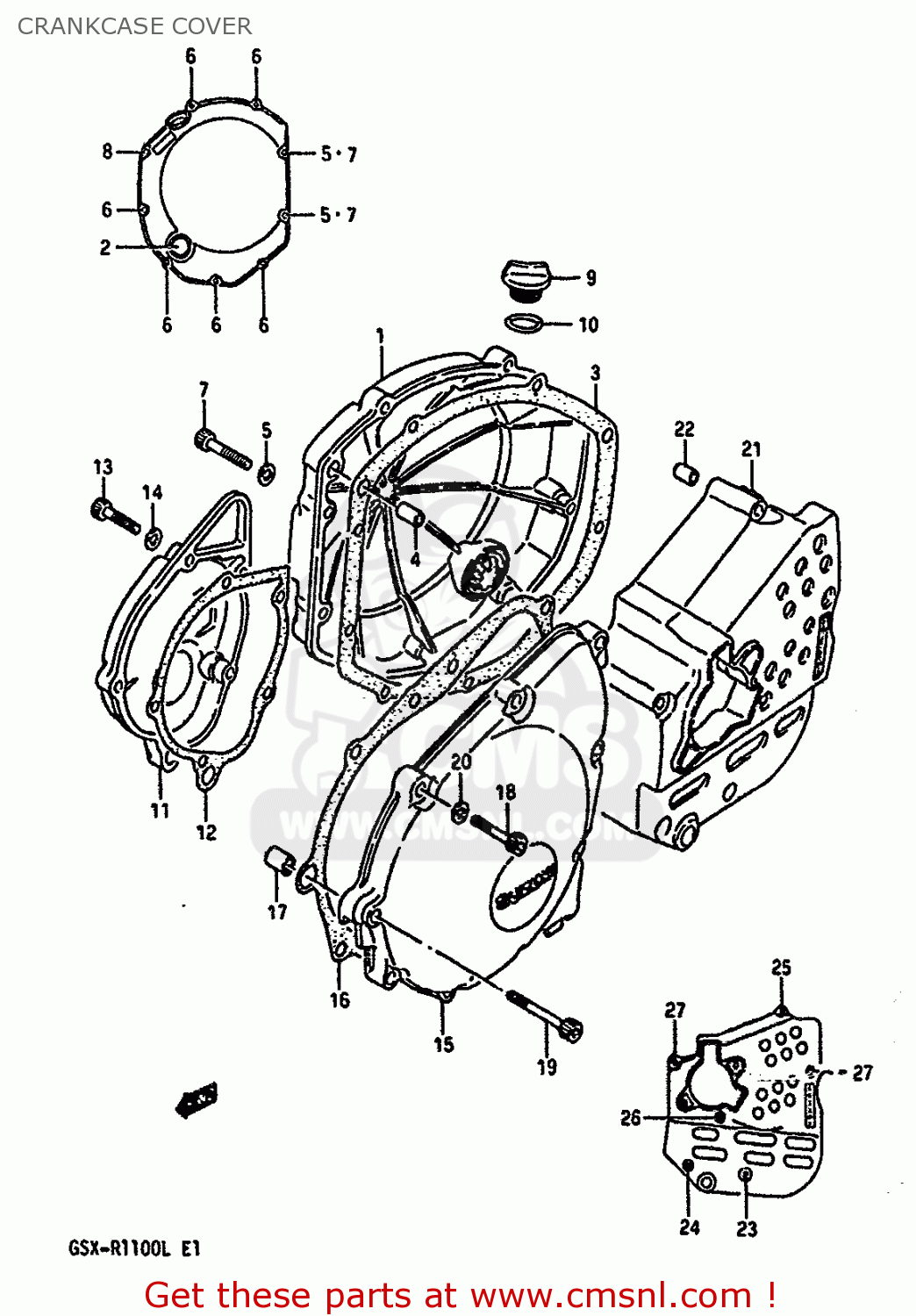 CRANKCASE COVER GSXR1100 1990 (L) (E01 E02 E04 15 16 17 18 21 22 24 25 34 39 53)