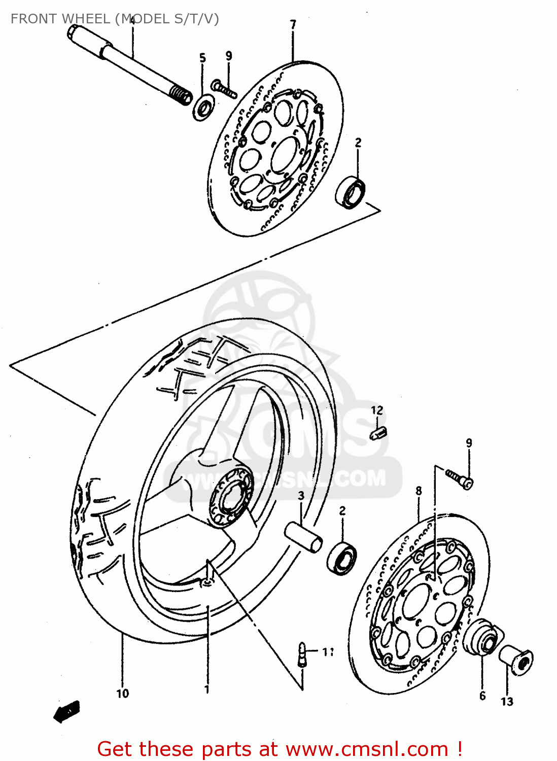 FRONT WHEEL (MODEL S/T/V) GSXR1100W 1993 (P) (E01 E02 E04 E15 E17 18 21 22 24 25 34 39 53)