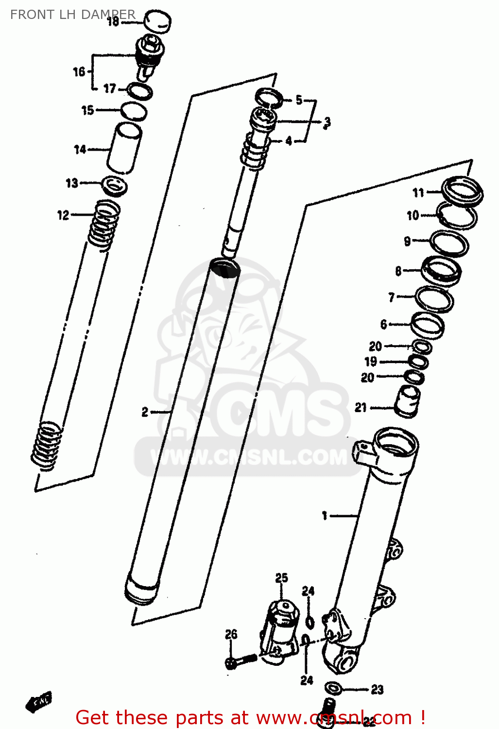 FRONT LH DAMPER GSXR750 1985 (F) (E01 2 4 6 15 16 17 18 21 22 24 25 34 39 53)