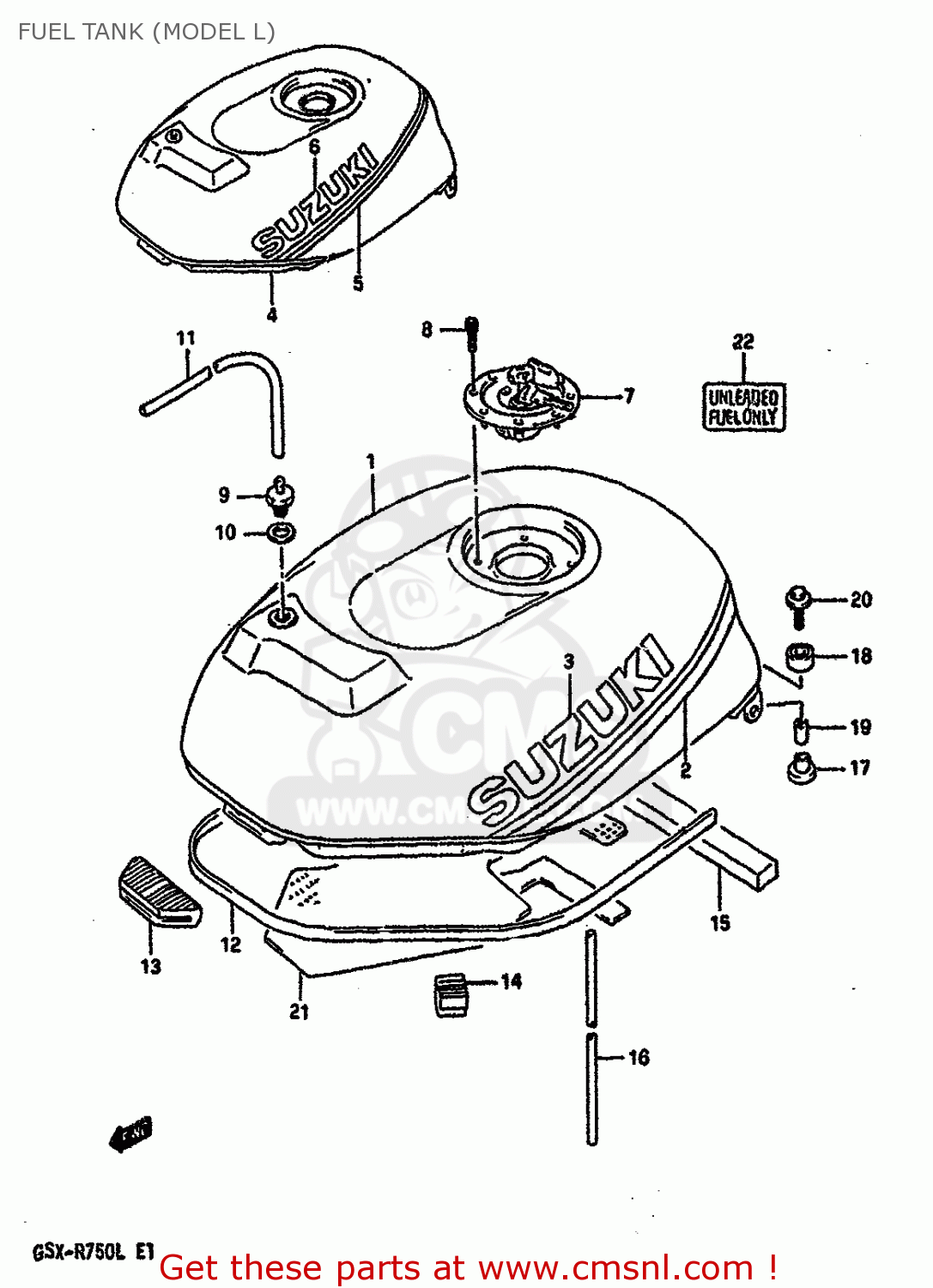 FUEL TANK (MODEL L) GSXR750 1989 (K) (E01 E02 E15 E16 E17 E18 E21 22 24 25 34 39 53)