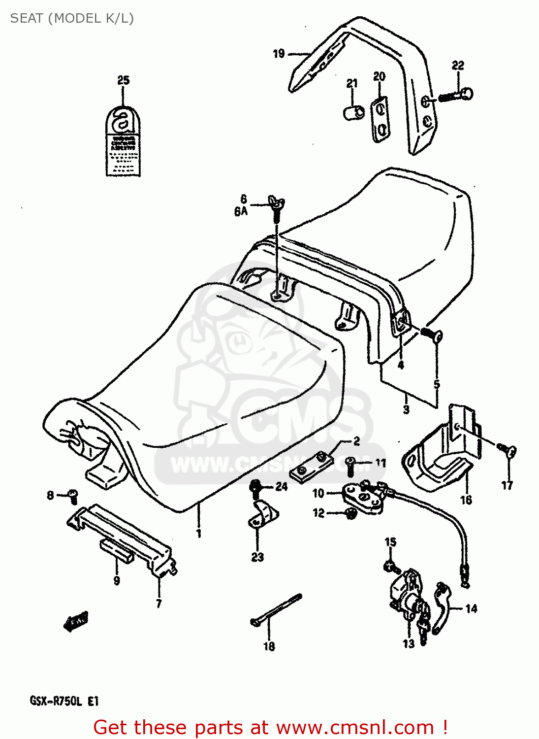 SEAT (MODEL K/L) GSXR750 1989 (K) (E01 E02 E15 E16 E17 E18 E21 22 24 25 34 39 53)