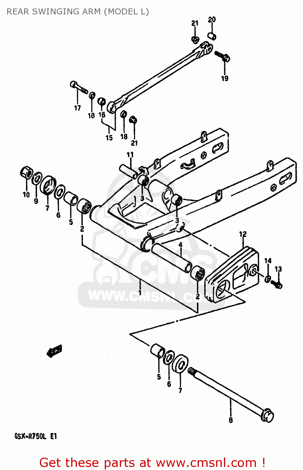 REAR SWINGING ARM (MODEL L) GSXR750 1989 (K) (E01 E02 E15 E16 E17 E18 E21 22 24 25 34 39 53)