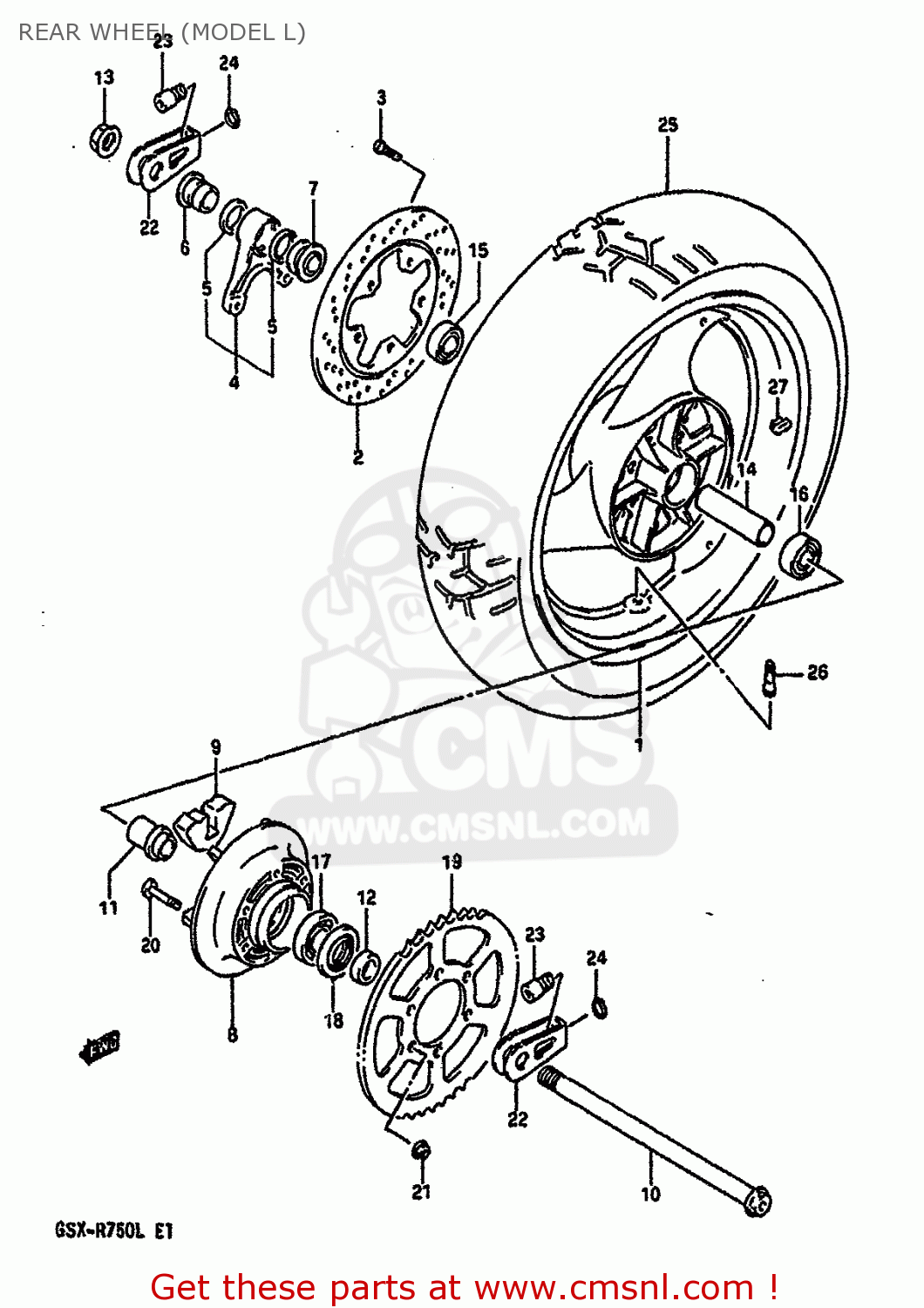 REAR WHEEL (MODEL L) GSXR750 1989 (K) (E01 E02 E15 E16 E17 E18 E21 22 24 25 34 39 53)