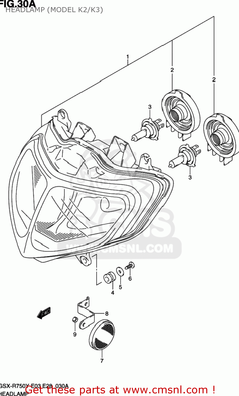 HEADLAMP (MODEL K2/K3) GSXR750 2002 (K2) USA (E03)