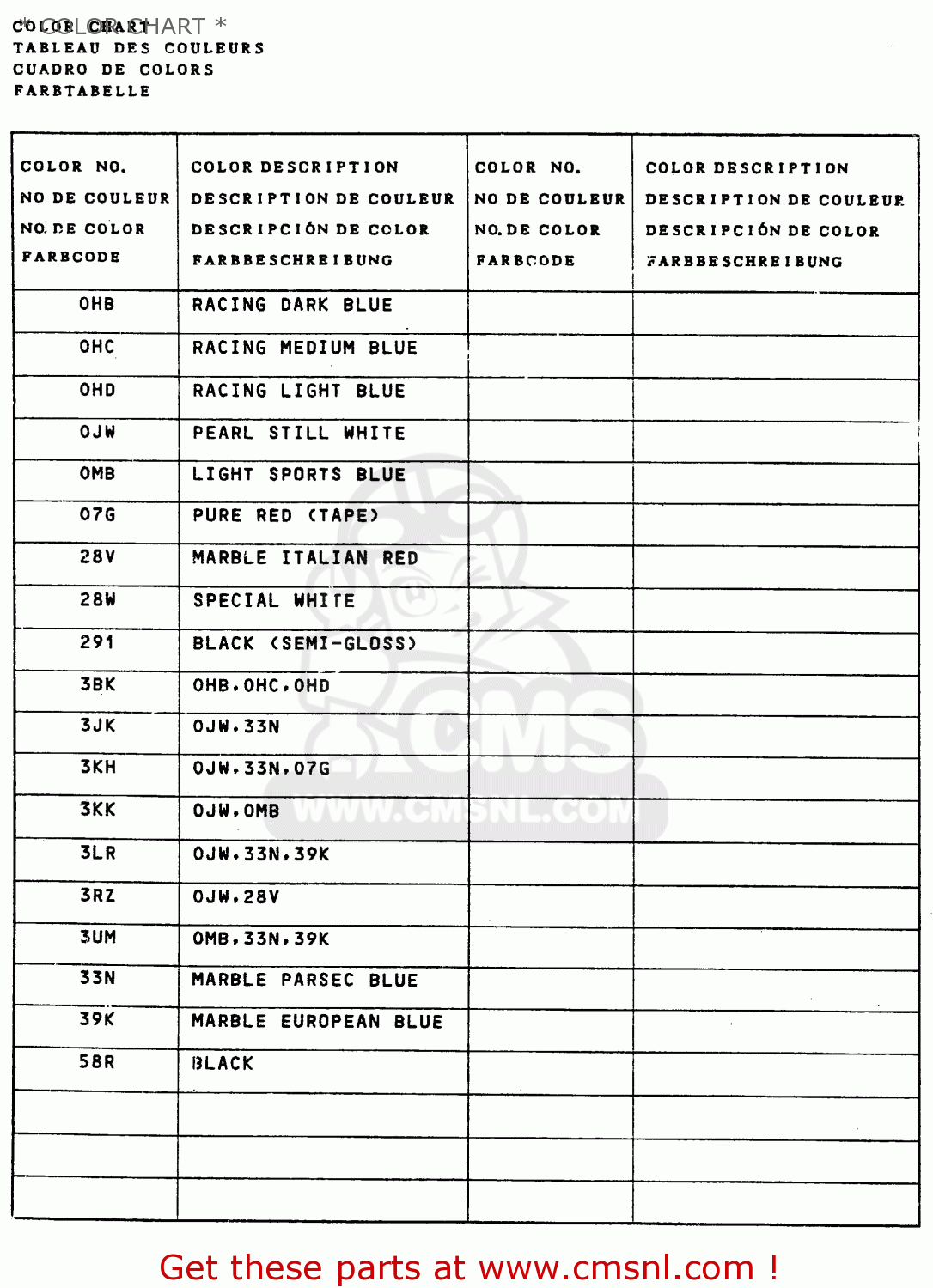 * COLOR CHART * GSXR750R 1989 (K) (E01 E02 E04 E22)
