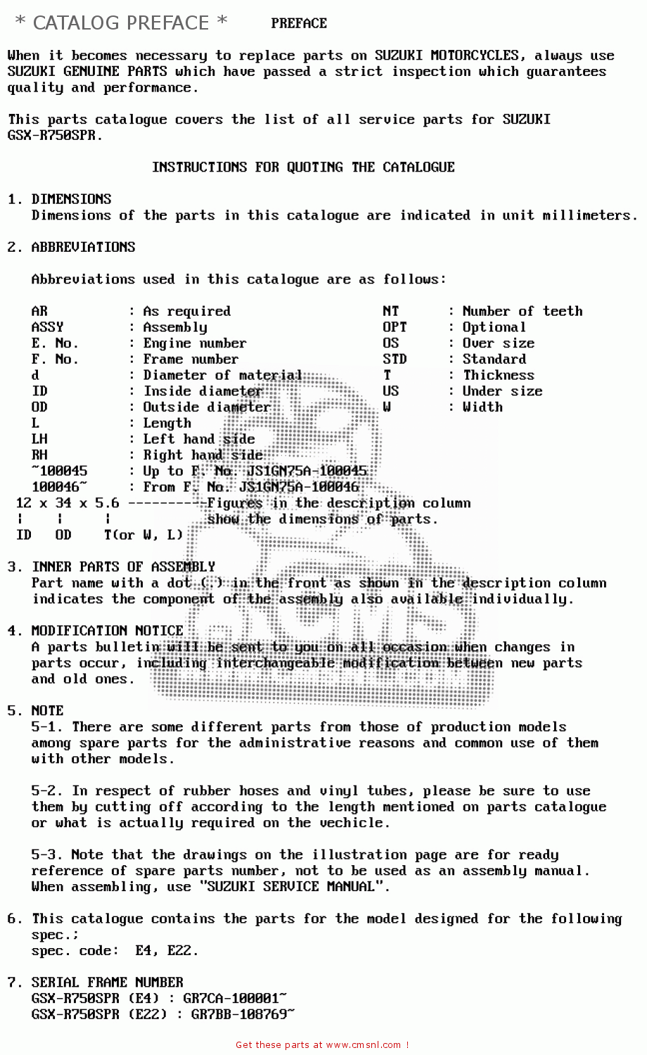 * CATALOG PREFACE * GSXR750SP 1994 (R) FRANCE GERMANY (E04 E22)