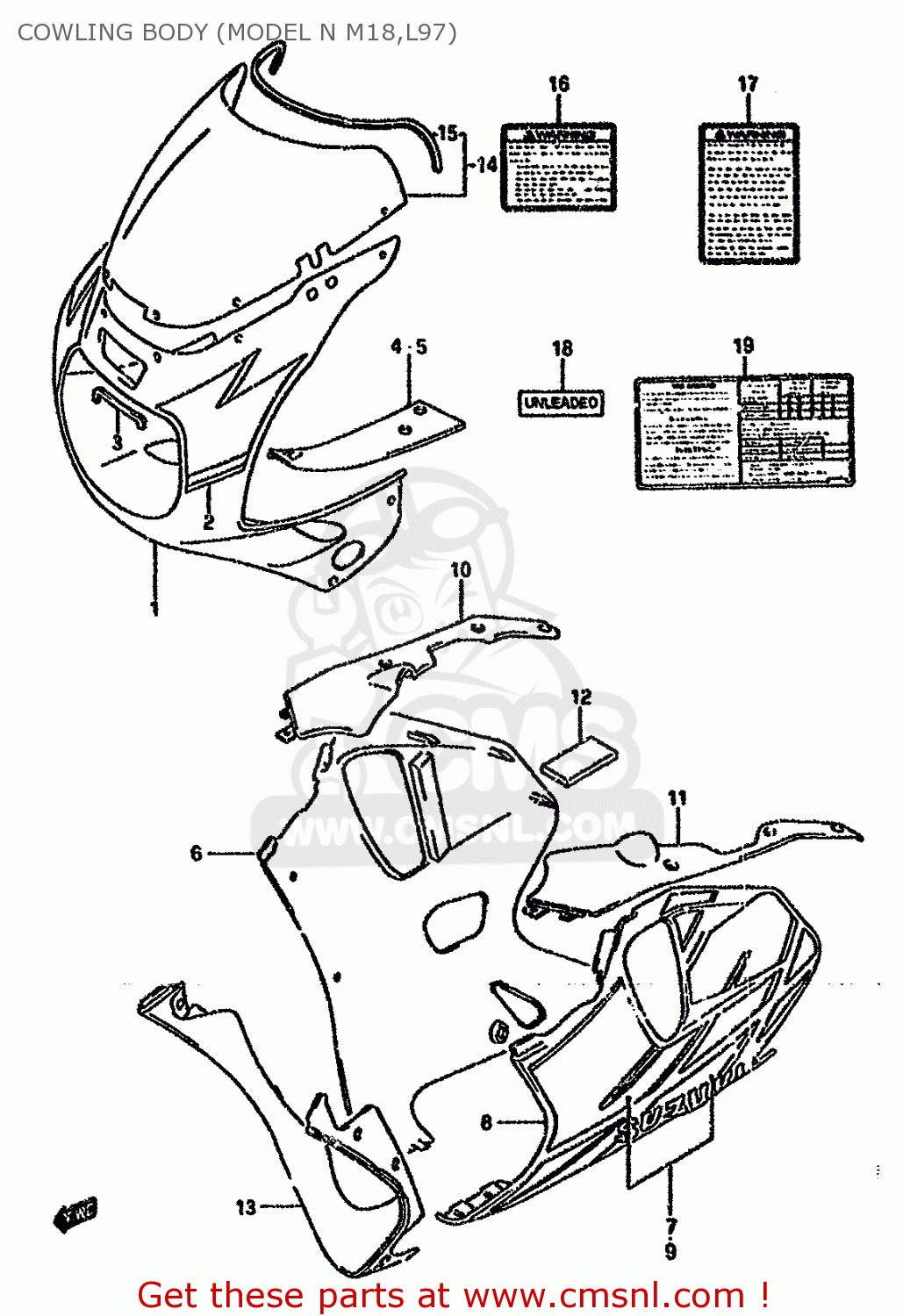 COWLING BODY (MODEL N M18,L97) GSXR750W 1995 (S) (E02 E04 E18 E22 E24 E25 E34 E37 E39)