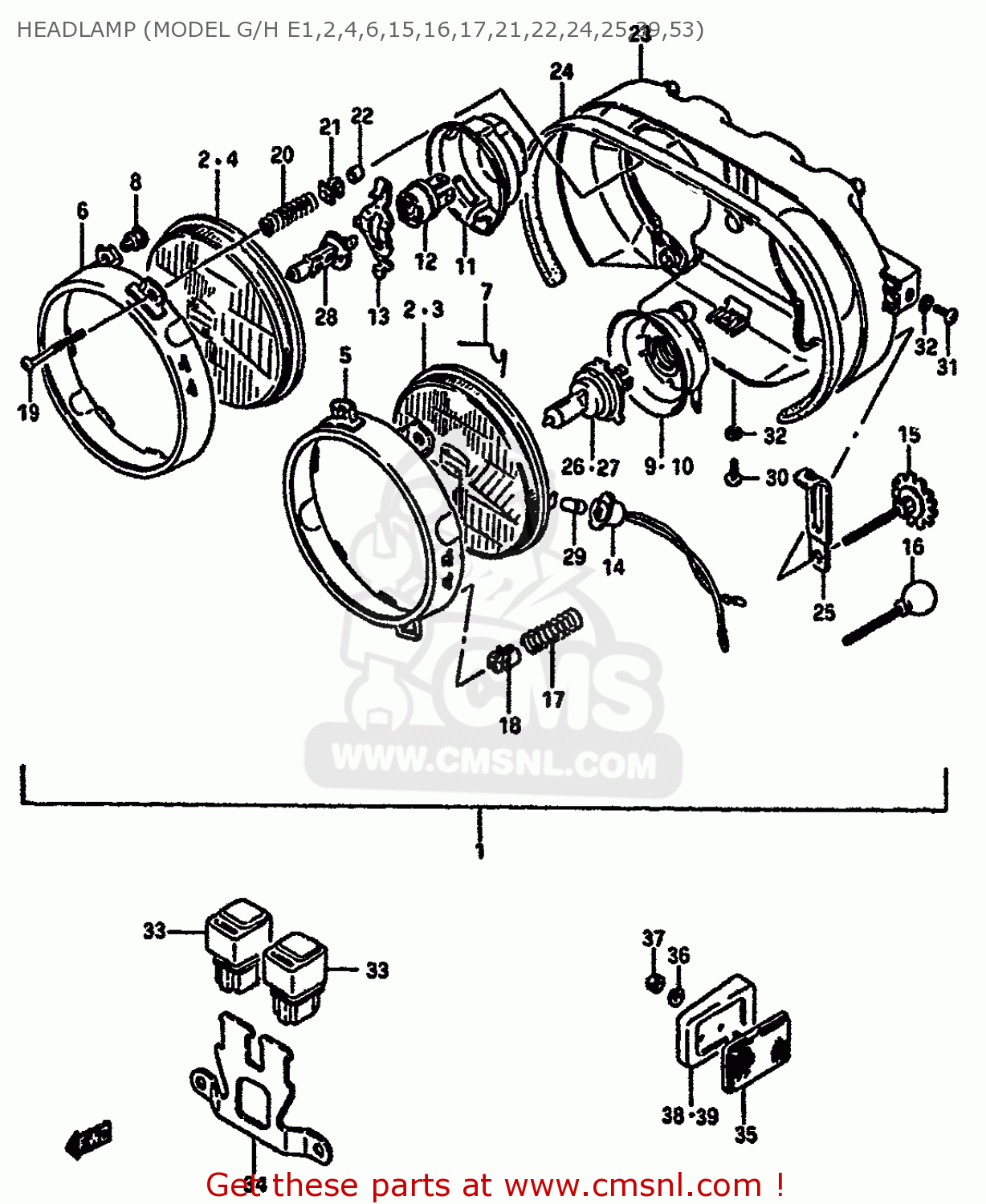 HEADLAMP (MODEL G/H E1,2,4,6,15,16,17,21,22,24,25,39,53) GSXR750X 1986 (G) (E01 E02 E04 15 16 17 18 21 22 24 25 34 39 53)