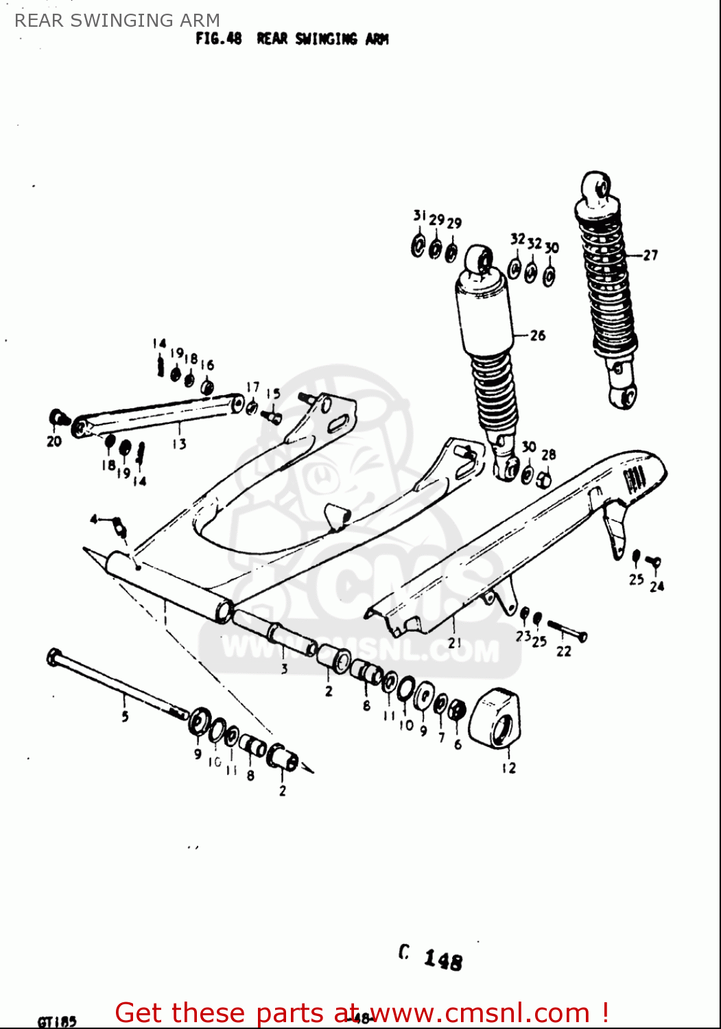REAR SWINGING ARM GT185 1973 1974 1975 1976 1977 (K) (L) (M) (A) (B) USA (E03)