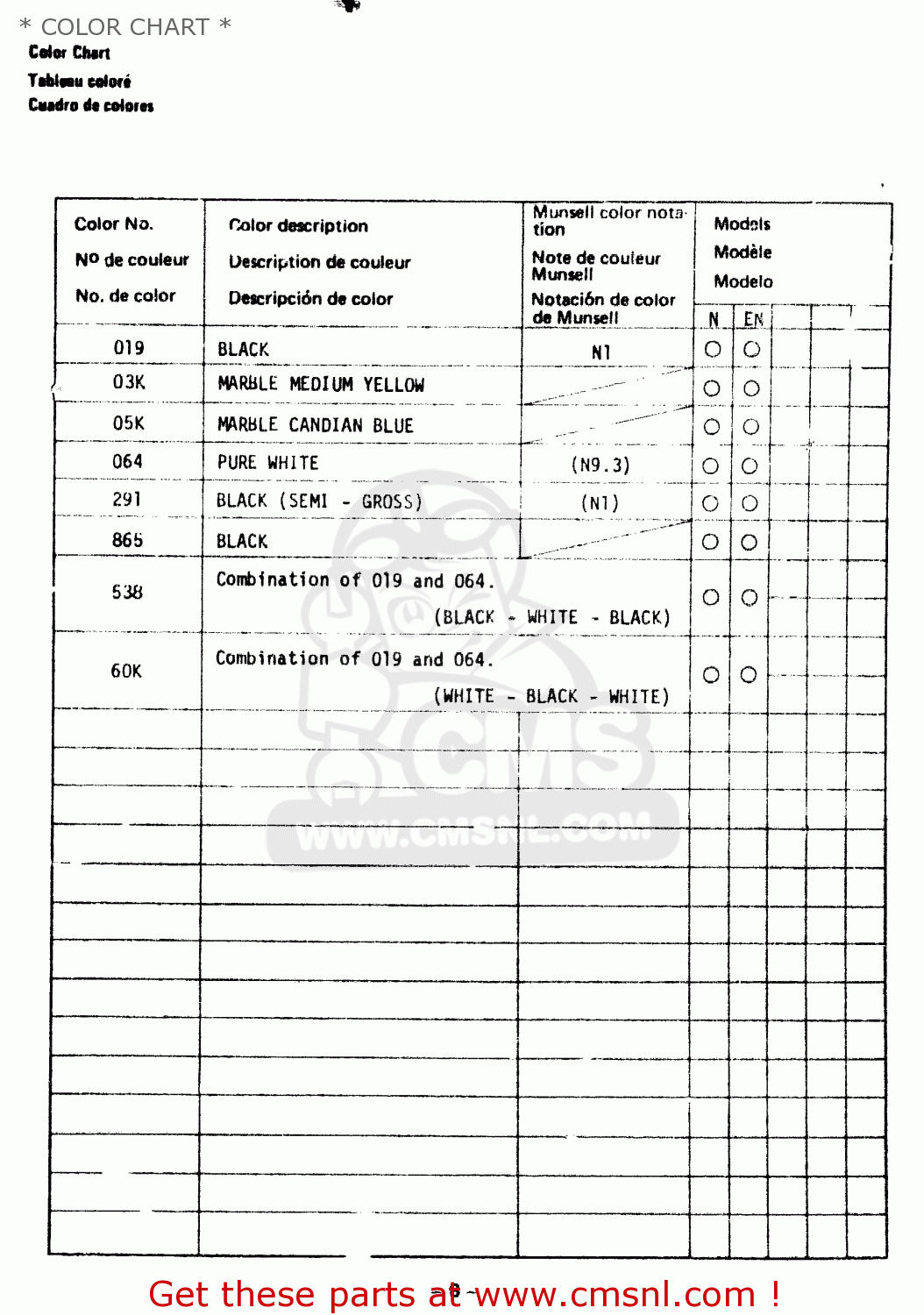 * COLOR CHART * GT200 1979 (N) GENERAL EXPORT (E01)