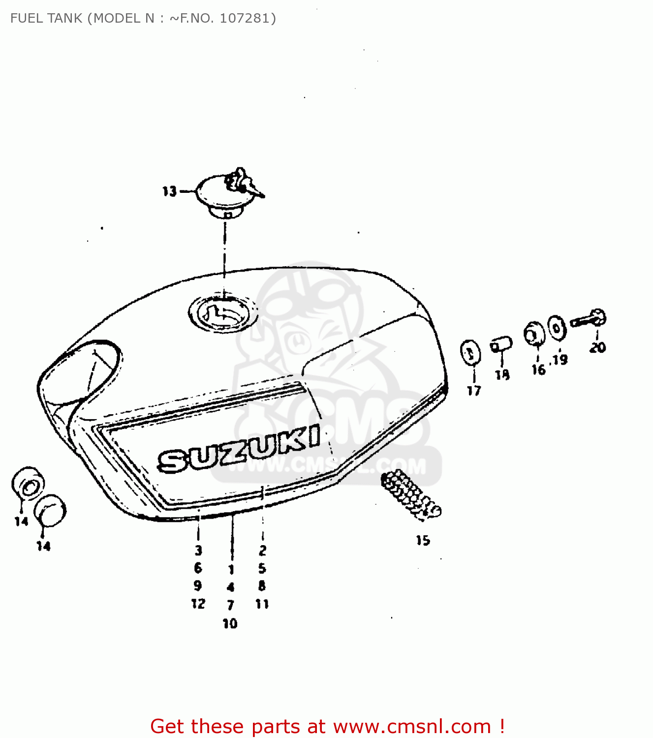 FUEL TANK (MODEL N : ~F.NO. 107281) GT250 1981 (X) (E01 E02 E04 E05 E06 E13 E22 E24 E30 E49)