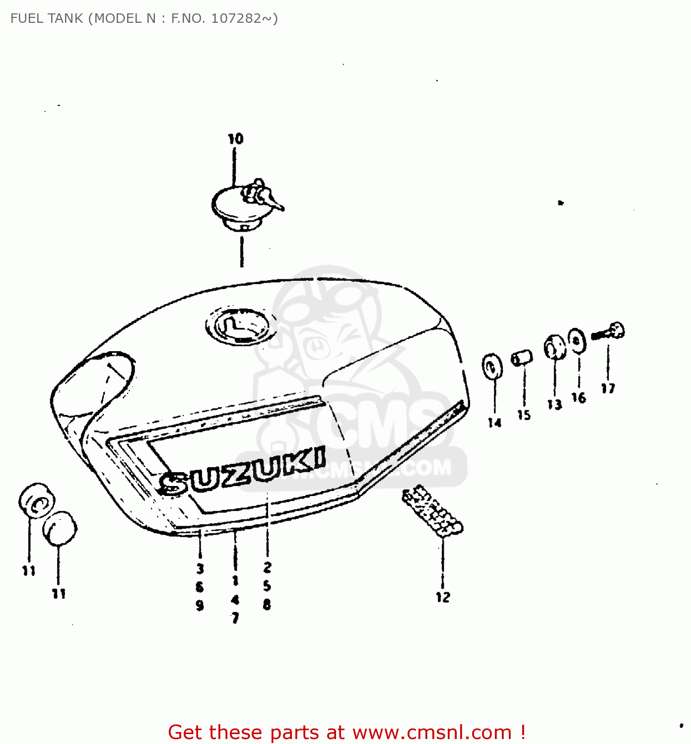 FUEL TANK (MODEL N : F.NO. 107282~) GT250 1981 (X) (E01 E02 E04 E05 E06 E13 E22 E24 E30 E49)