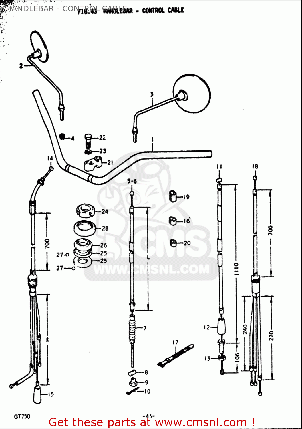 HANDLEBAR - CONTROL CABLE GT750 1972 (J) USA (E03)