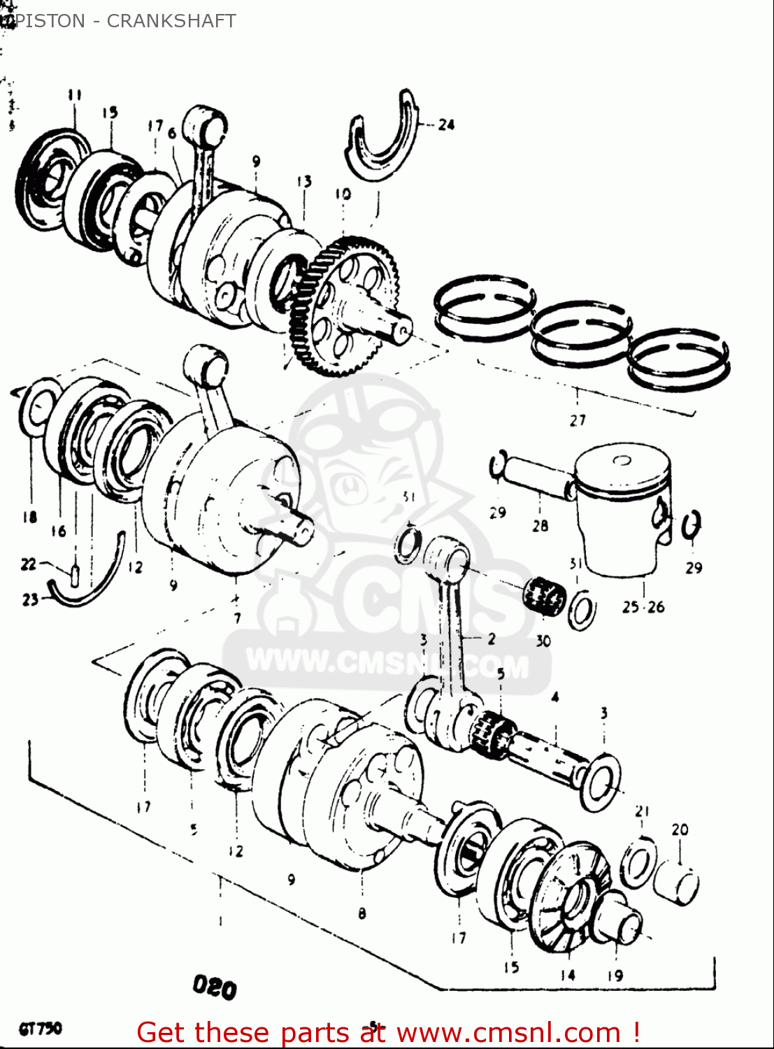 PISTON - CRANKSHAFT GT750 1973 1974 1975 1976 1977 (K) (L) (M) (A) (B) USA (E03)