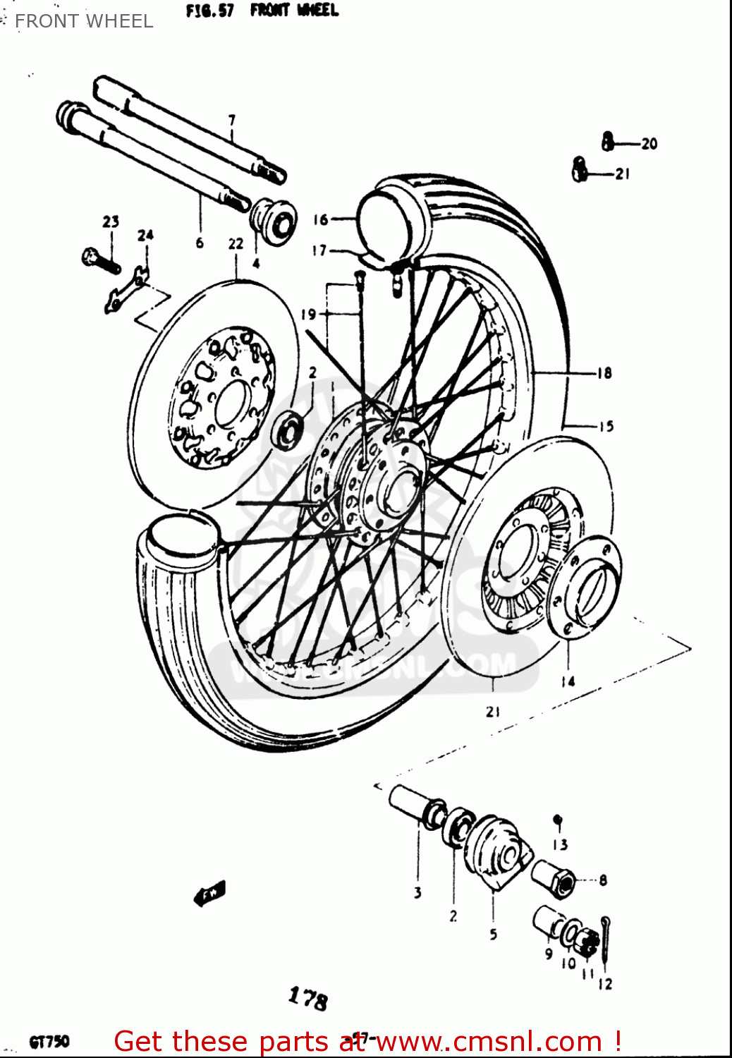 FRONT WHEEL GT750 1973 1974 1975 1976 1977 (K) (L) (M) (A) (B) USA (E03)