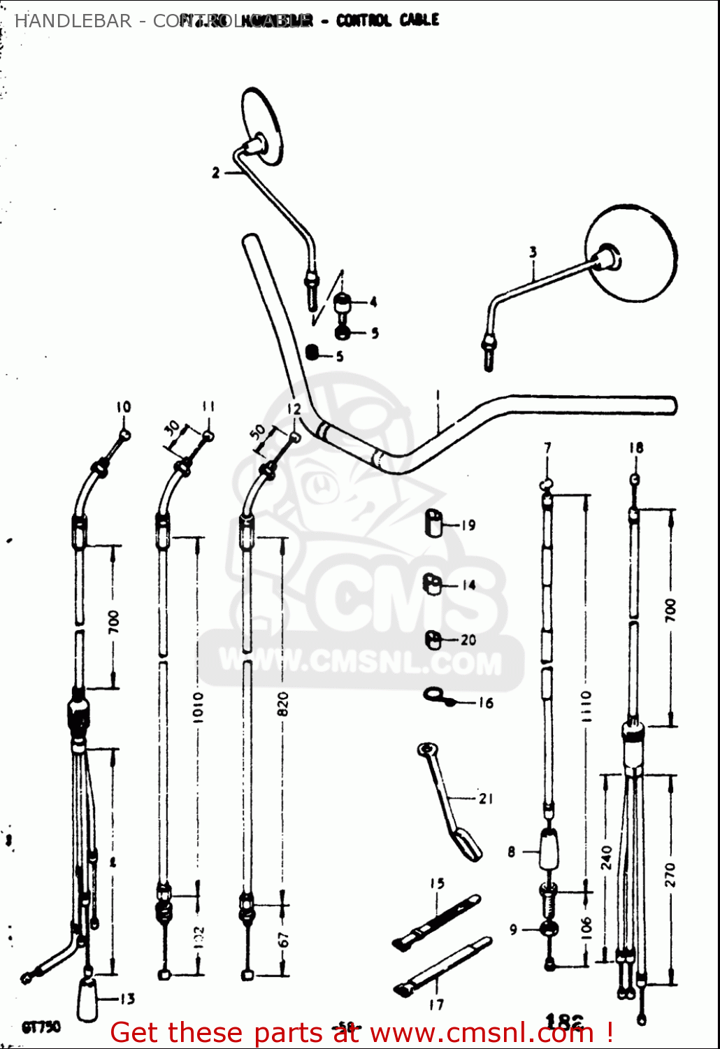 HANDLEBAR - CONTROL CABLE GT750 1973 1974 1975 1976 1977 (K) (L) (M) (A) (B) USA (E03)