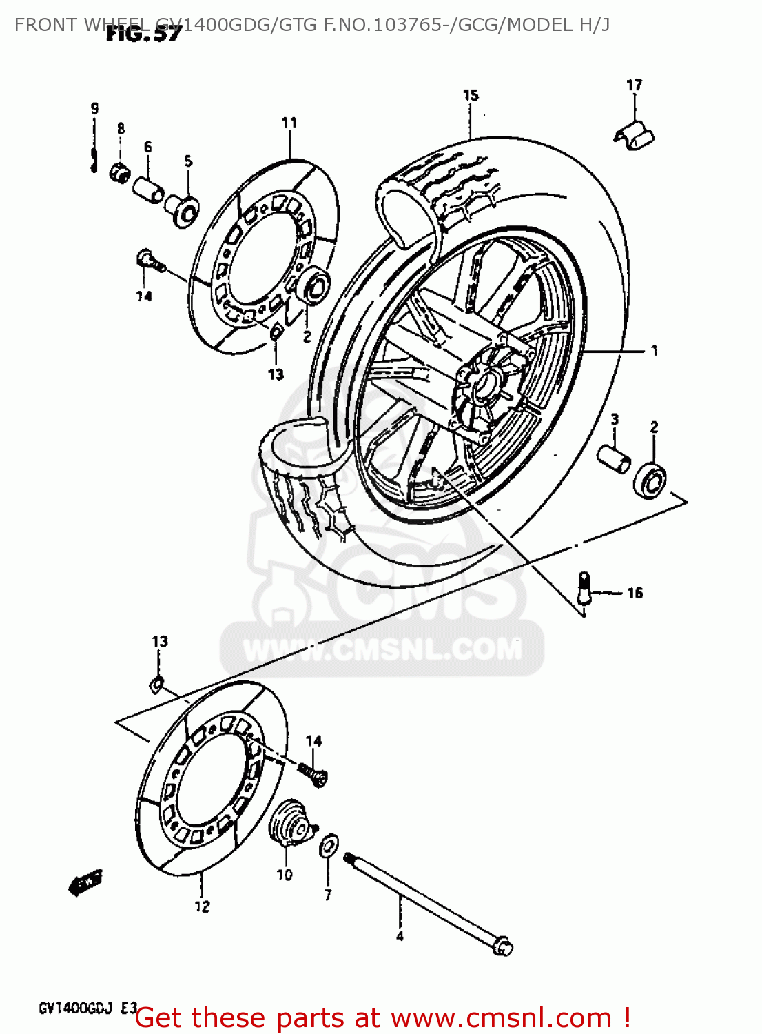 FRONT WHEEL GV1400GDG/GTG F.NO.103765-/GCG/MODEL H/J GV1400GC 1987 (H) (E01)