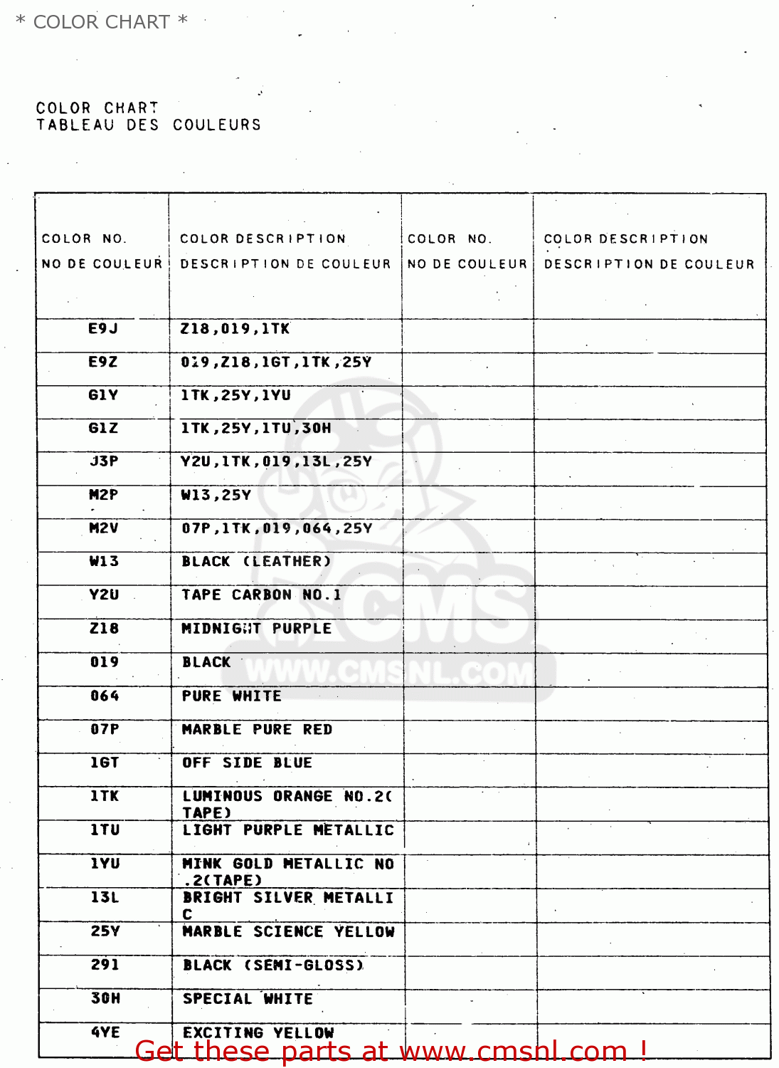 * COLOR CHART * JR50 1997 (V) USA CANADA (E03 E28)