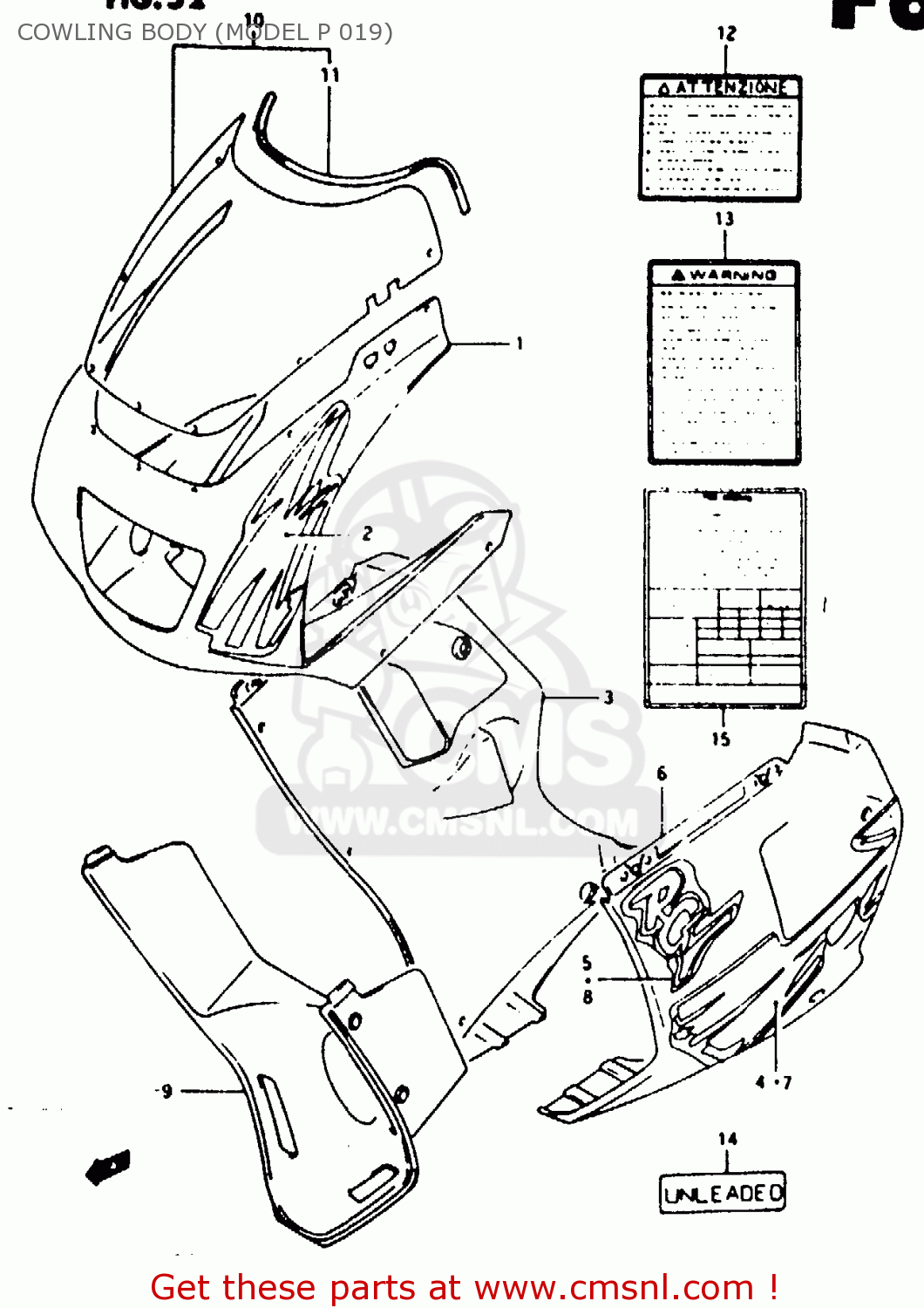 COWLING BODY (MODEL P 019) RG125F 1994 (R) (E15 E18 E34)