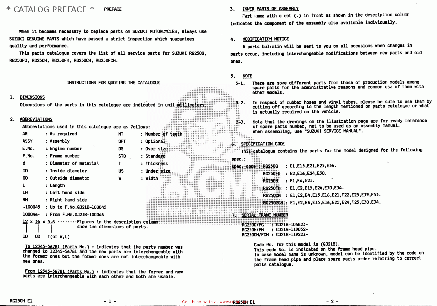 Suzuki RG250 1986 (G) (E01 E15 E21 E25 E34) * CATALOG PREFACE * buy