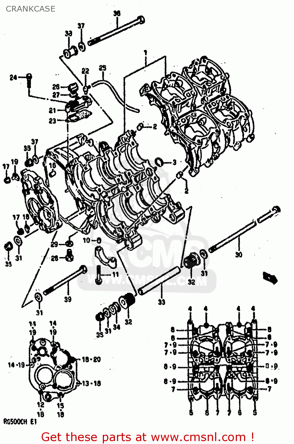 CRANKCASE RG500 1986 (G) (E01 E02 E04 E06 E15 E16 E17 E21 22 24 25 34 39)