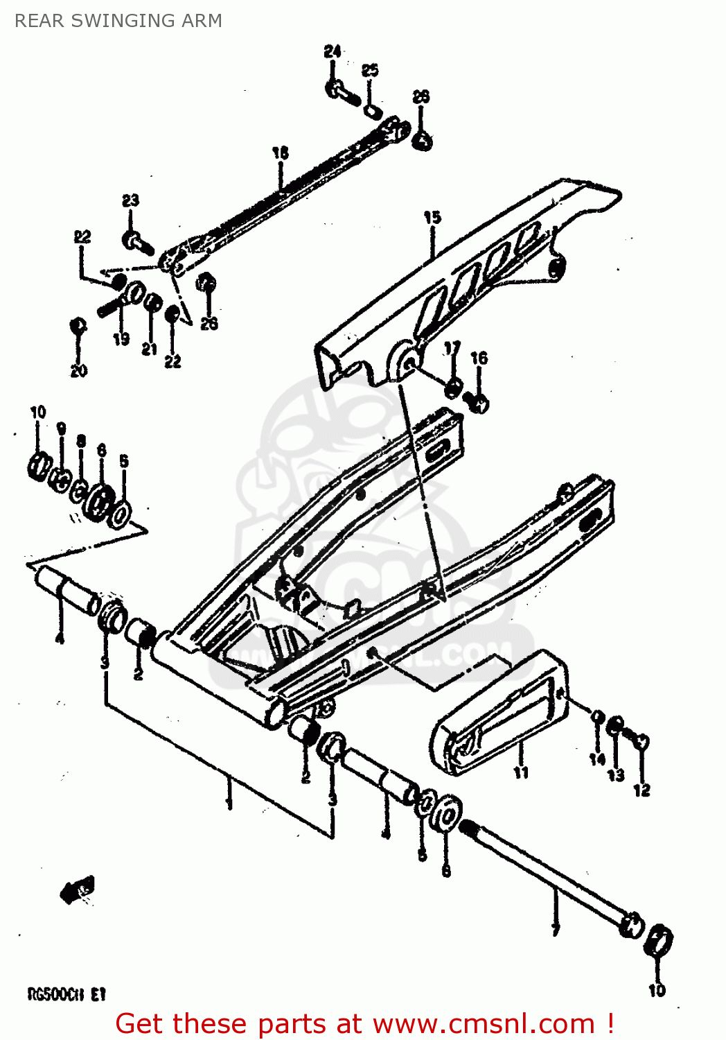 REAR SWINGING ARM RG500 1986 (G) (E01 E02 E04 E06 E15 E16 E17 E21 22 24 25 34 39)