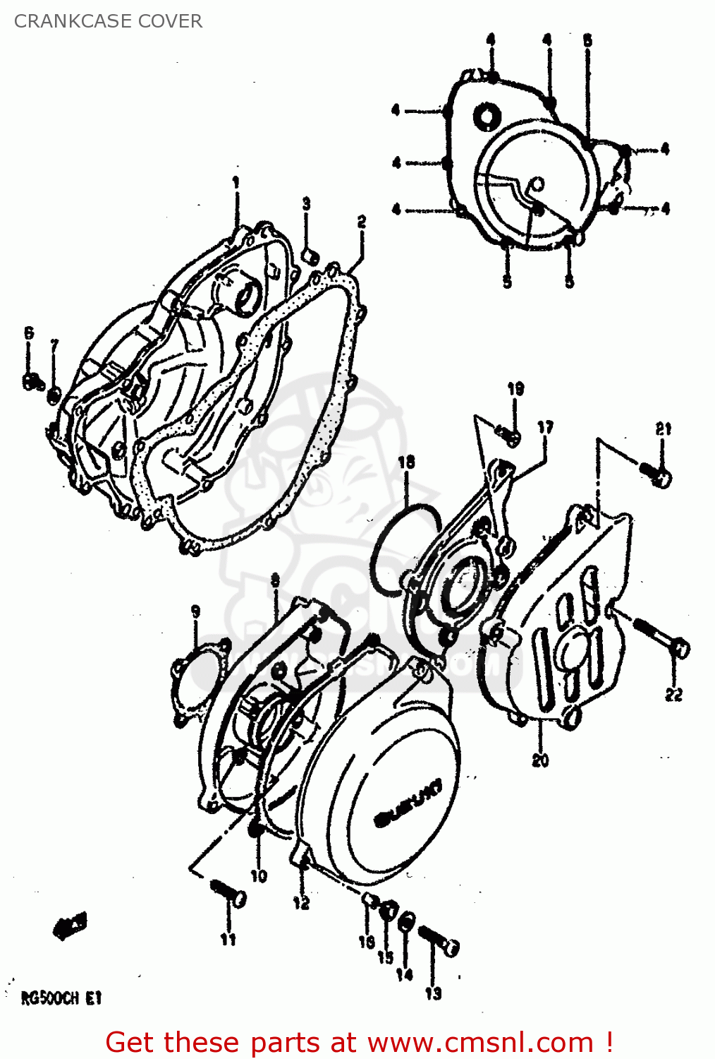 CRANKCASE COVER RG500C 1987 (H) (E01 E02 E04 E06 E15 16 17 21 22 24 25 34 39 53)
