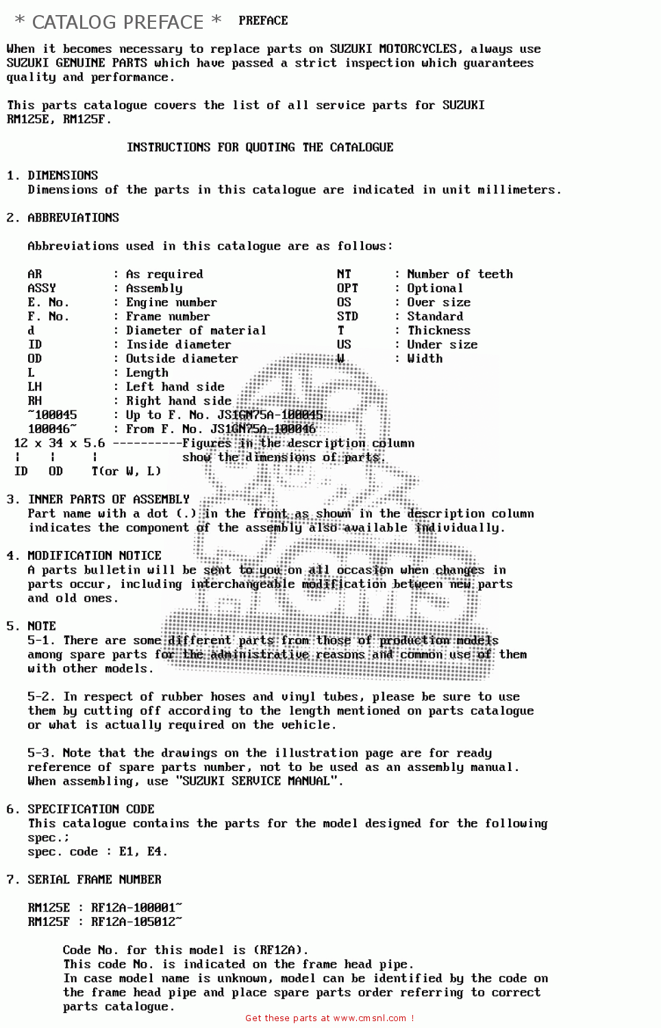 * CATALOG PREFACE * RM125 1984 (E) GENERAL FRANCE (E01 E04)