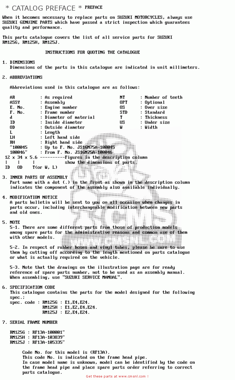 * CATALOG PREFACE * RM125 1986 (G) GENERAL FRANCE AUSTRALIA (E01 E04 E24)