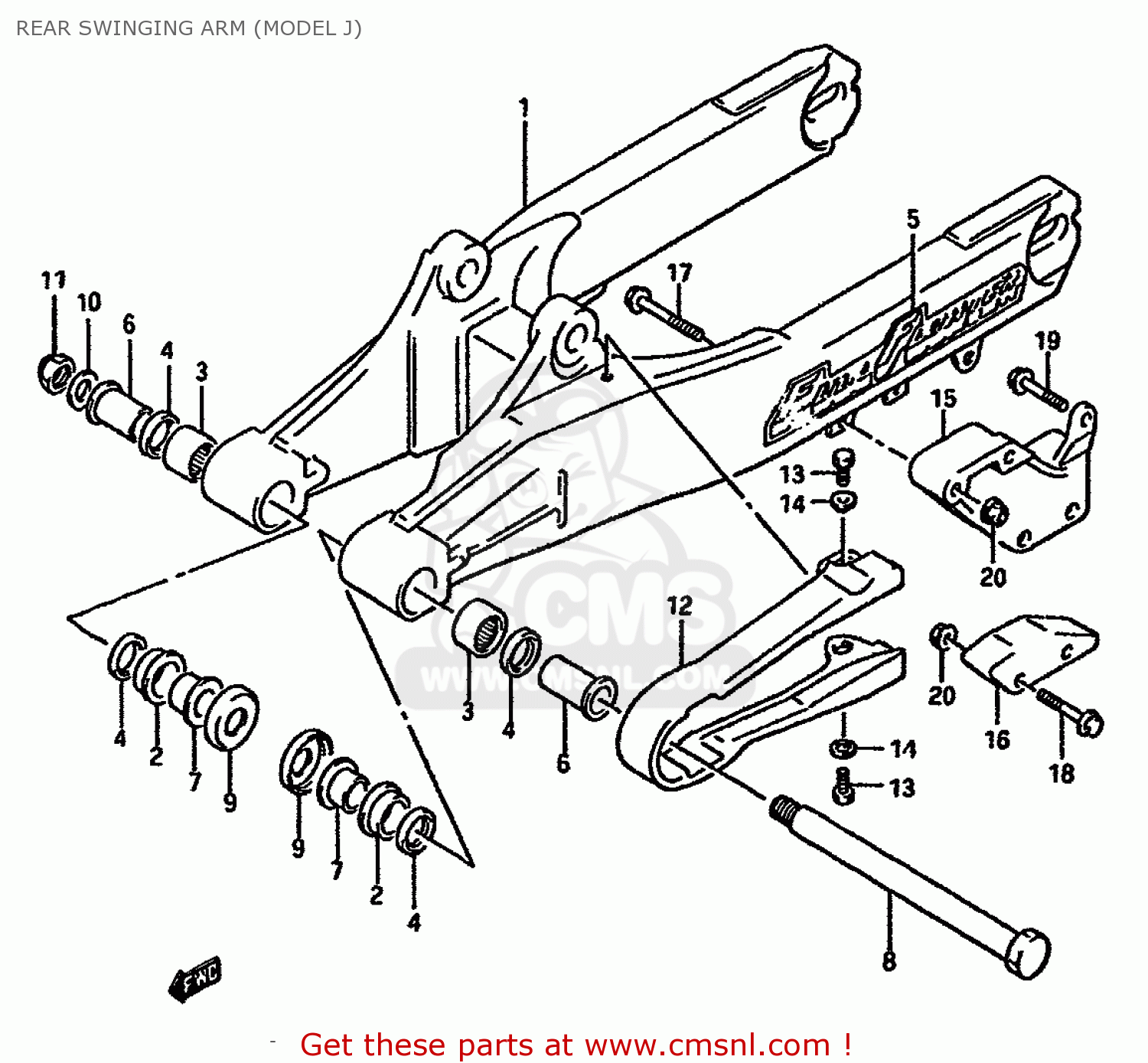 REAR SWINGING ARM (MODEL J) RM125 1988 (J) UNITED KINGDOM FRANCE AUSTRALIA (02 E04 E24)