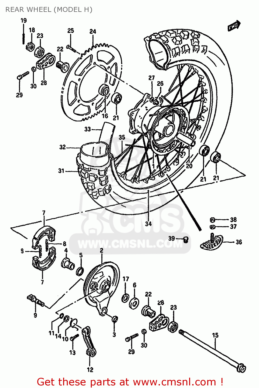 REAR WHEEL (MODEL H) RM125 1988 (J) UNITED KINGDOM FRANCE AUSTRALIA (02 E04 E24)