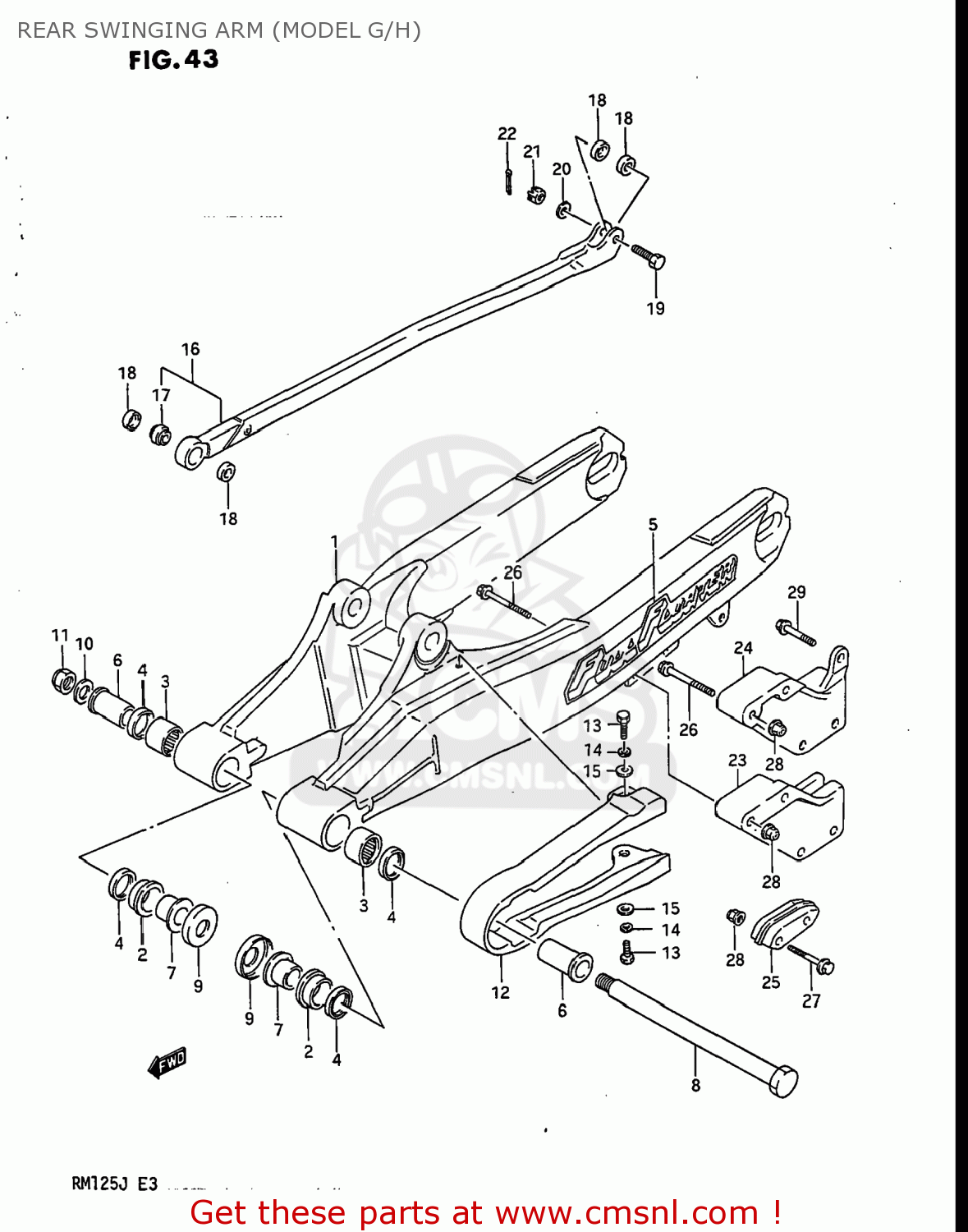 REAR SWINGING ARM (MODEL G/H) RM125 1988 (J) USA (E03)