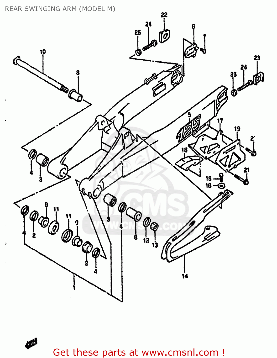 REAR SWINGING ARM (MODEL M) RM125 1990 (L) UNITED KINGDOM FRANCE AUSTRALIA (E02 E04 E24)