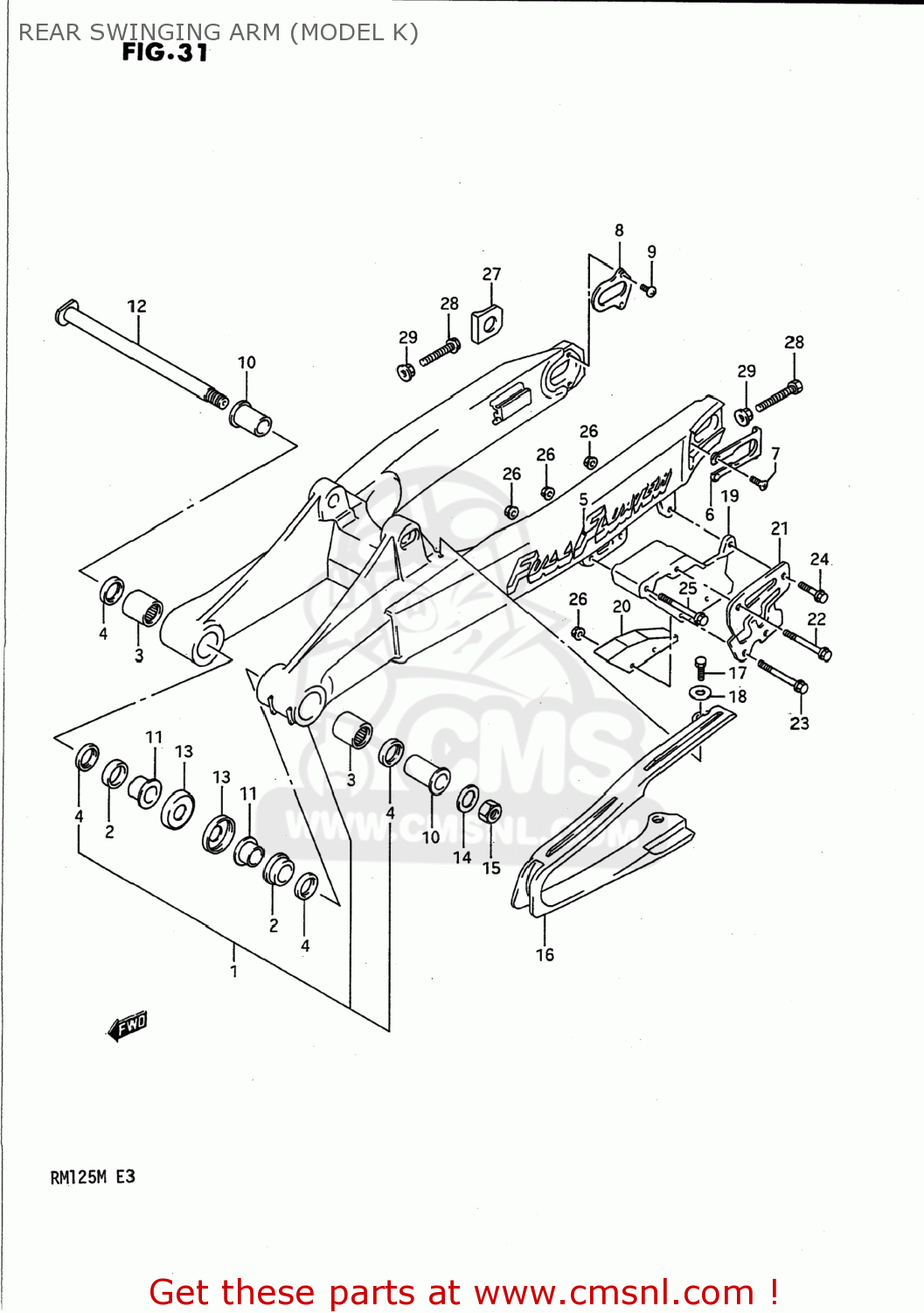 REAR SWINGING ARM (MODEL K) RM125 1990 (L) USA (E03)