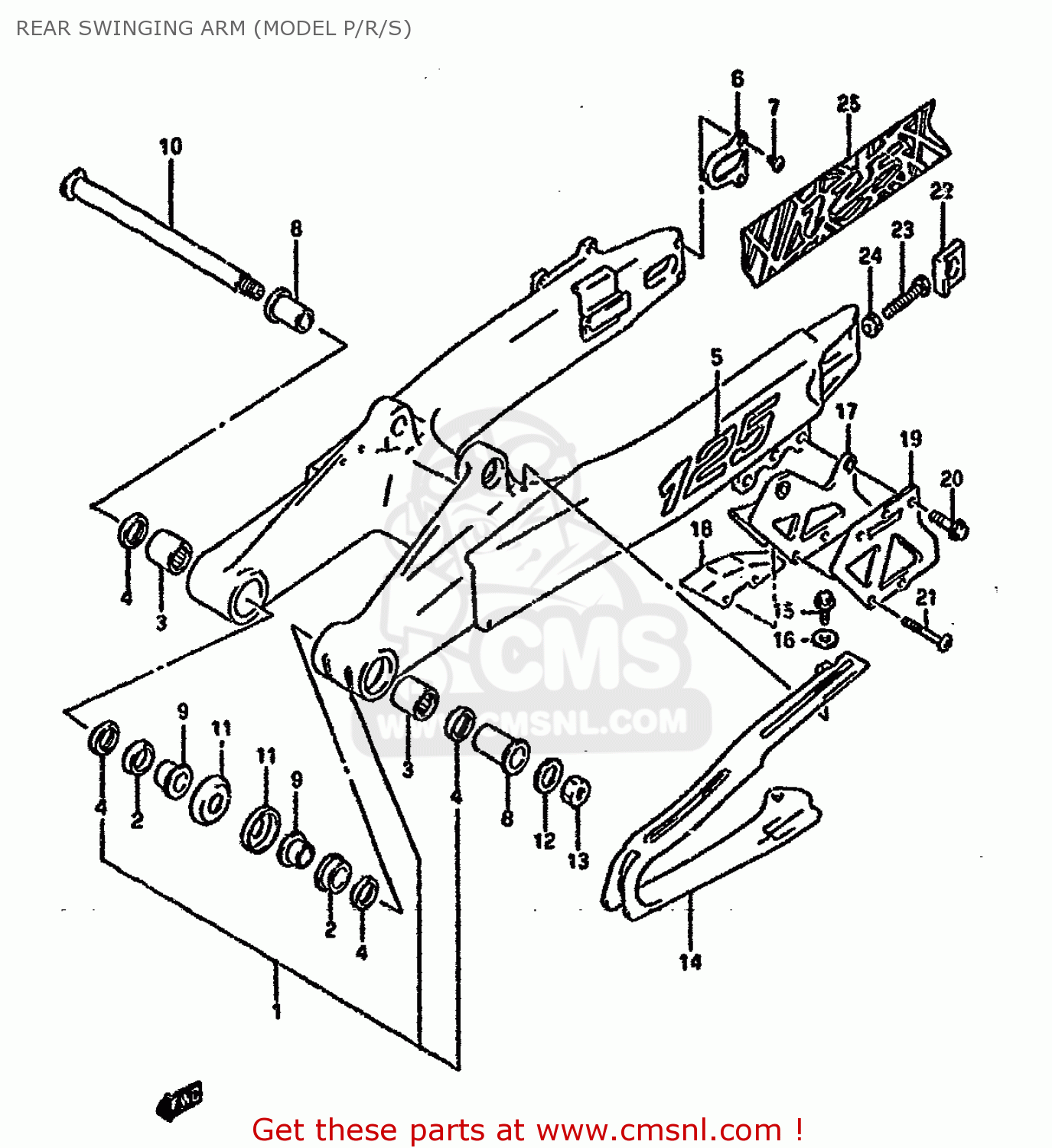 REAR SWINGING ARM (MODEL P/R/S) RM125 1994 (R) UNITED KINGDOM FRANCE AUSTRALIA (E02 E04 E24)