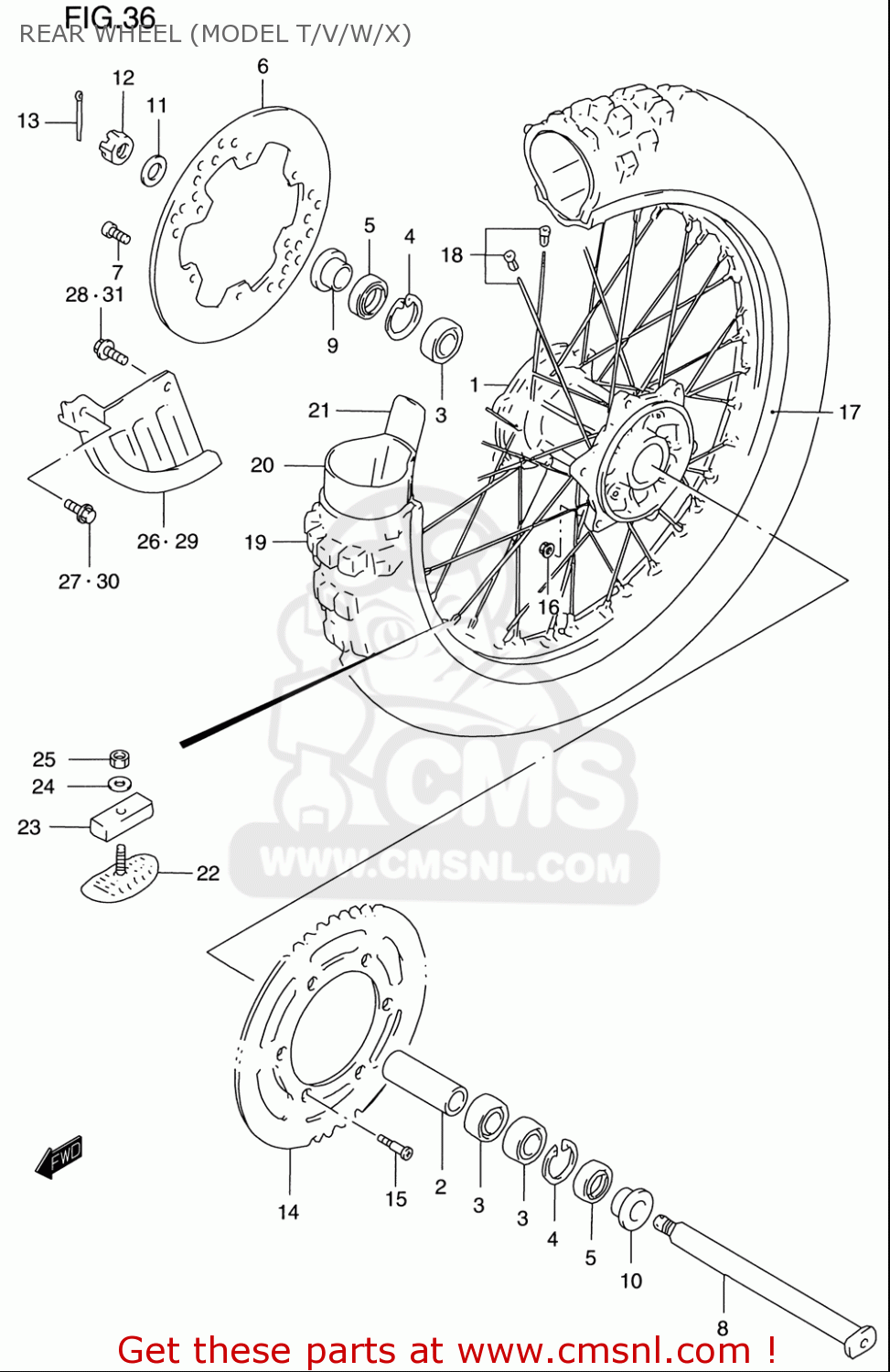 REAR WHEEL (MODEL T/V/W/X) RM125 1996 (T) USA (E03)