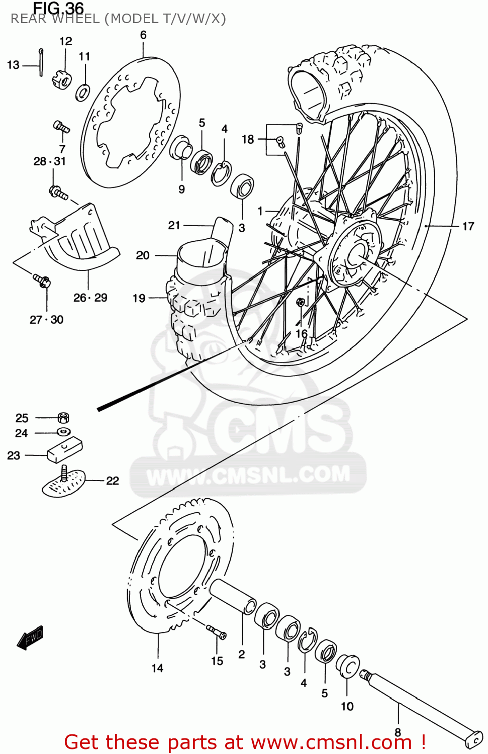REAR WHEEL (MODEL T/V/W/X) RM125 1998 (W) USA (E03)