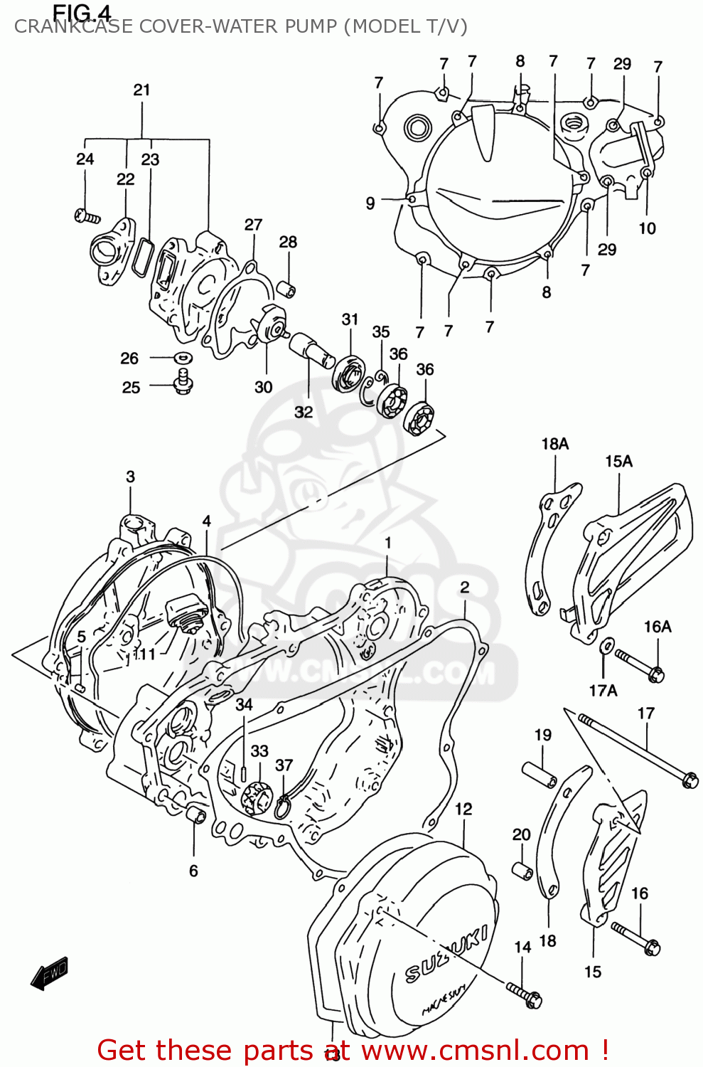 CRANKCASE COVER-WATER PUMP (MODEL T/V) RM125 2000 (Y) USA (E03)