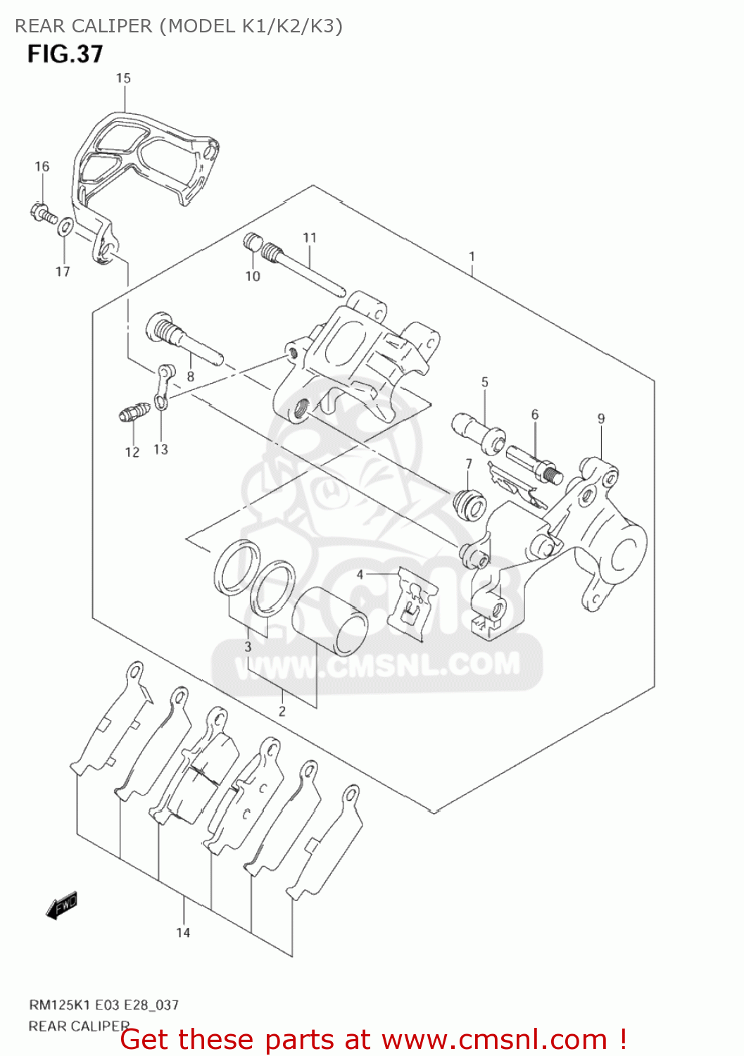 REAR CALIPER (MODEL K1/K2/K3) RM125 2002 (K2) USA (E03)