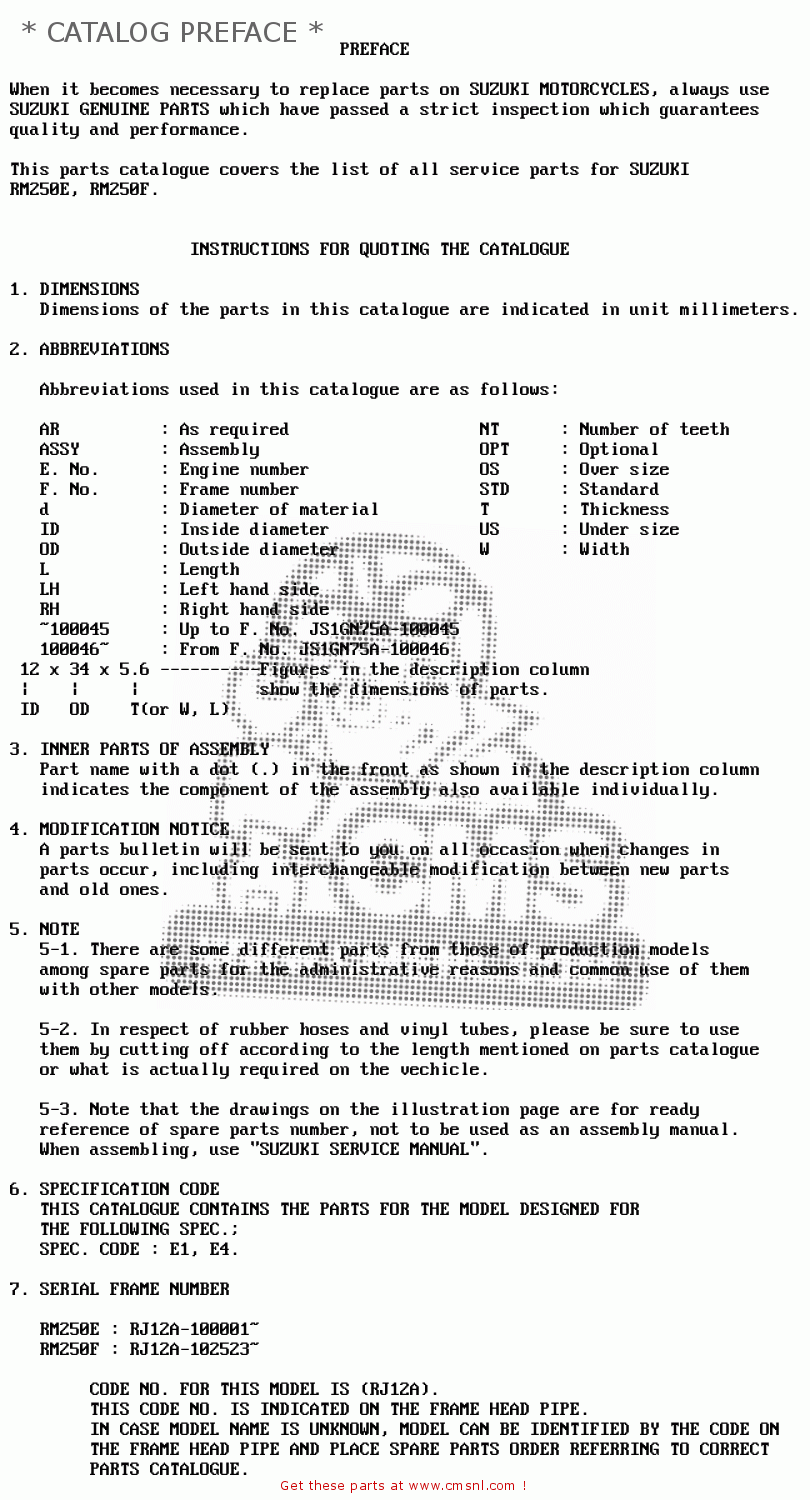 * CATALOG PREFACE * RM250 1985 (F)