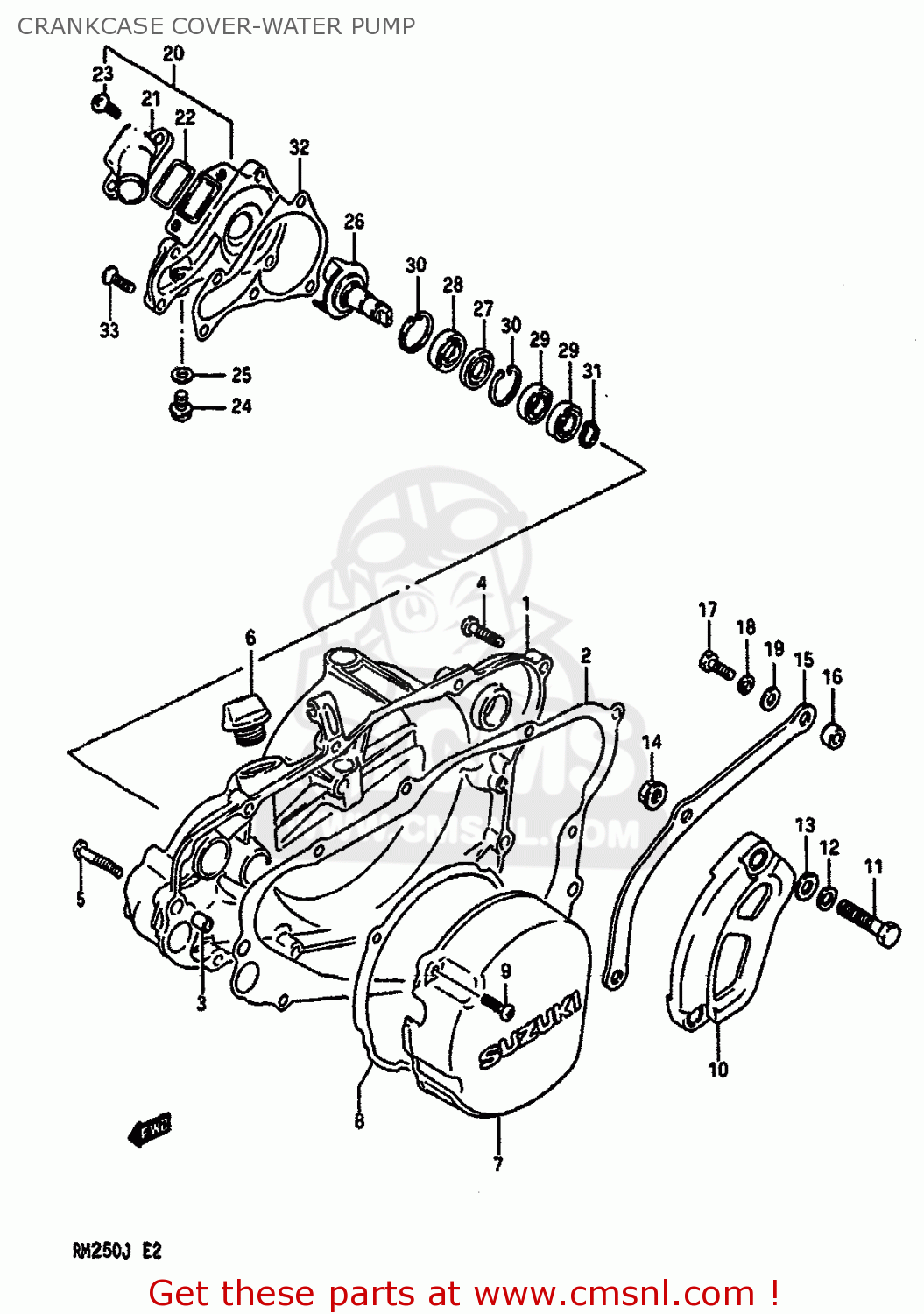 CRANKCASE COVER-WATER PUMP RM250 1988 (J) UNITED KINGDOM FRANCE AUSTRALIA (E02 E04 E24)