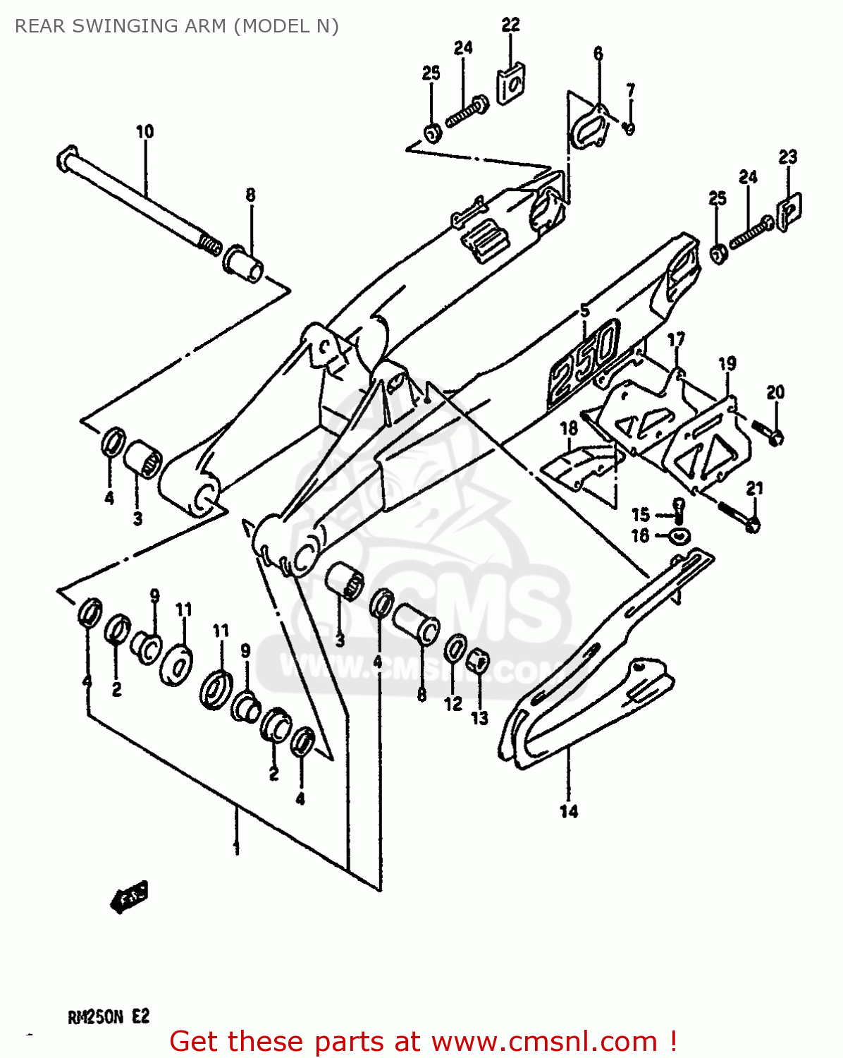 REAR SWINGING ARM (MODEL N) RM250 1991 (M) UNITED KINGDOM FRANCE AUSTRALIA (E02 E04 E24)