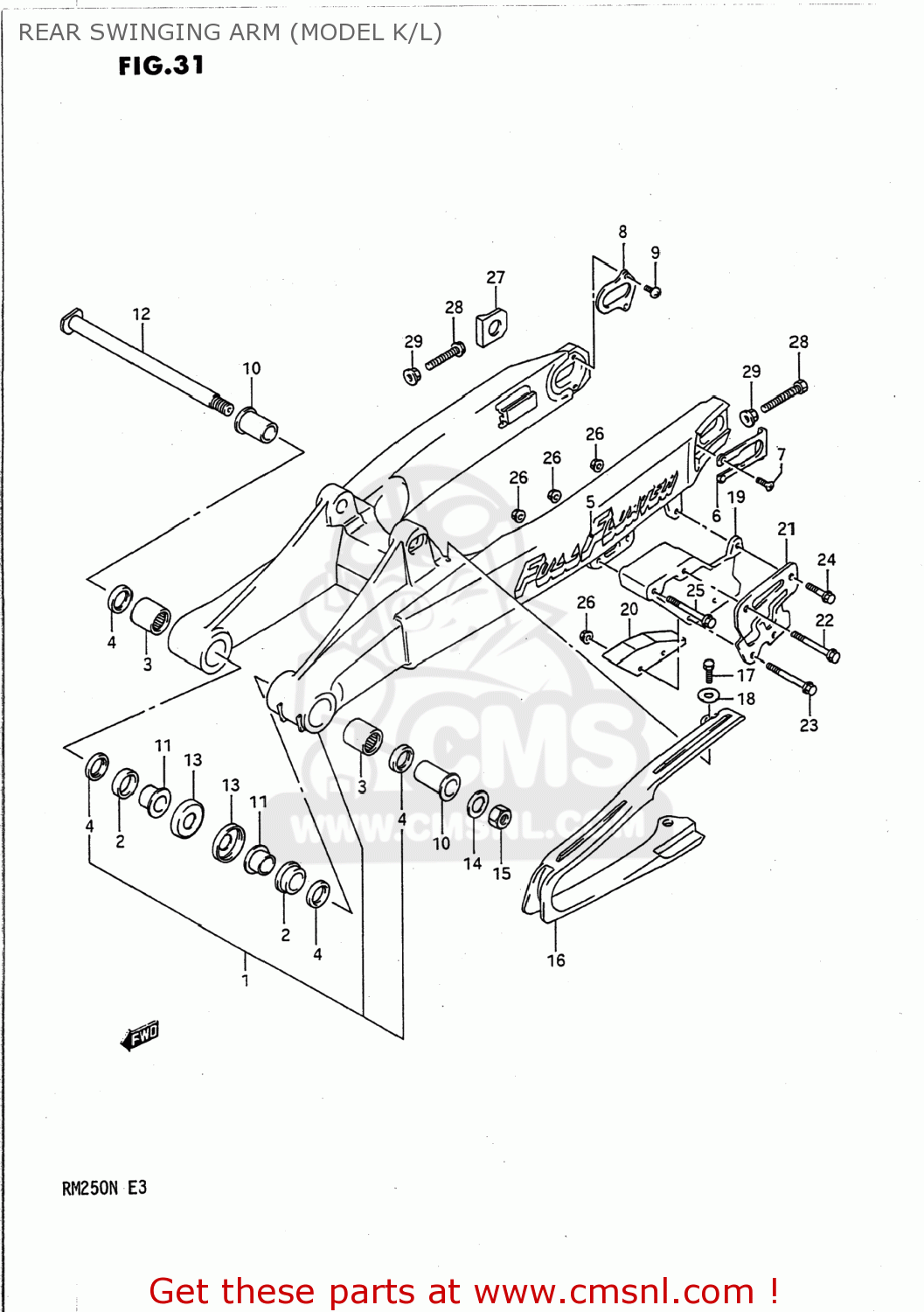 REAR SWINGING ARM (MODEL K/L) RM250 1991 (M) USA (E03)