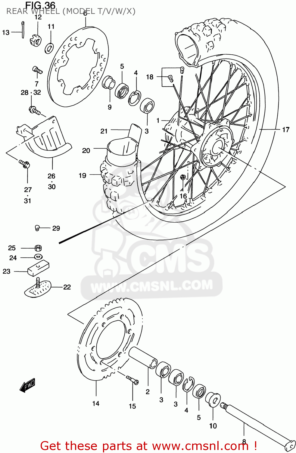 REAR WHEEL (MODEL T/V/W/X) RM250 1996 (T) USA (E03)