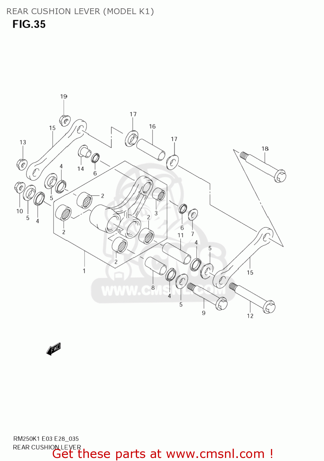 REAR CUSHION LEVER (MODEL K1) RM250 2005 (K5) USA (E03)