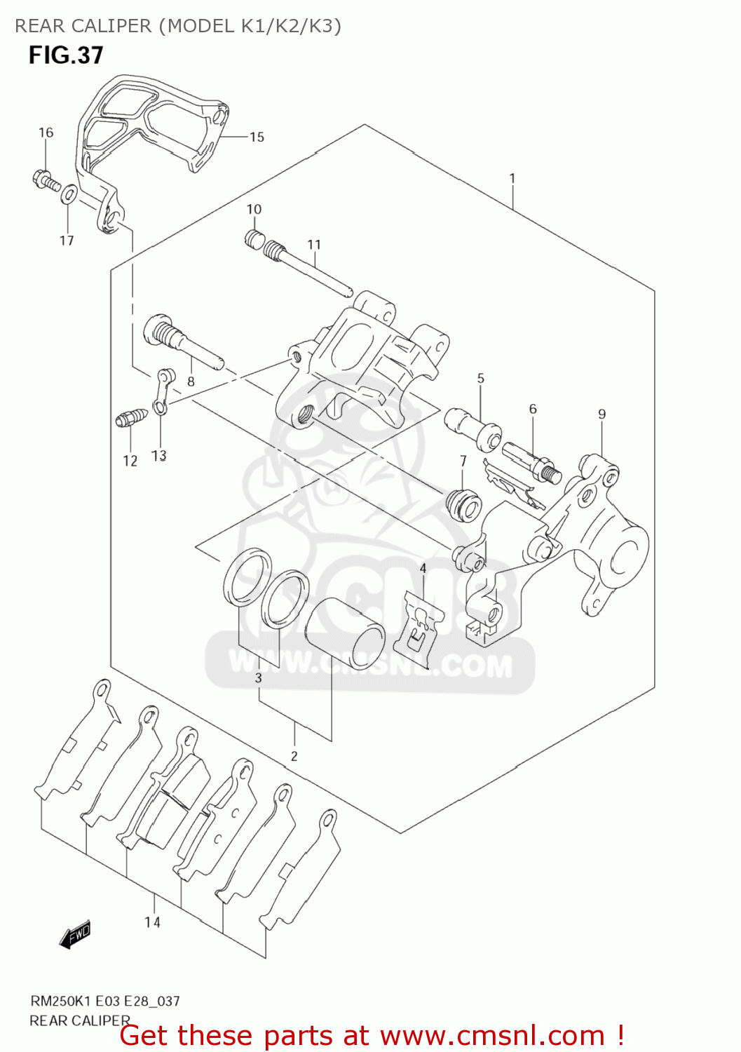 REAR CALIPER (MODEL K1/K2/K3) RM250Z 2005 (K5) USA (E03)