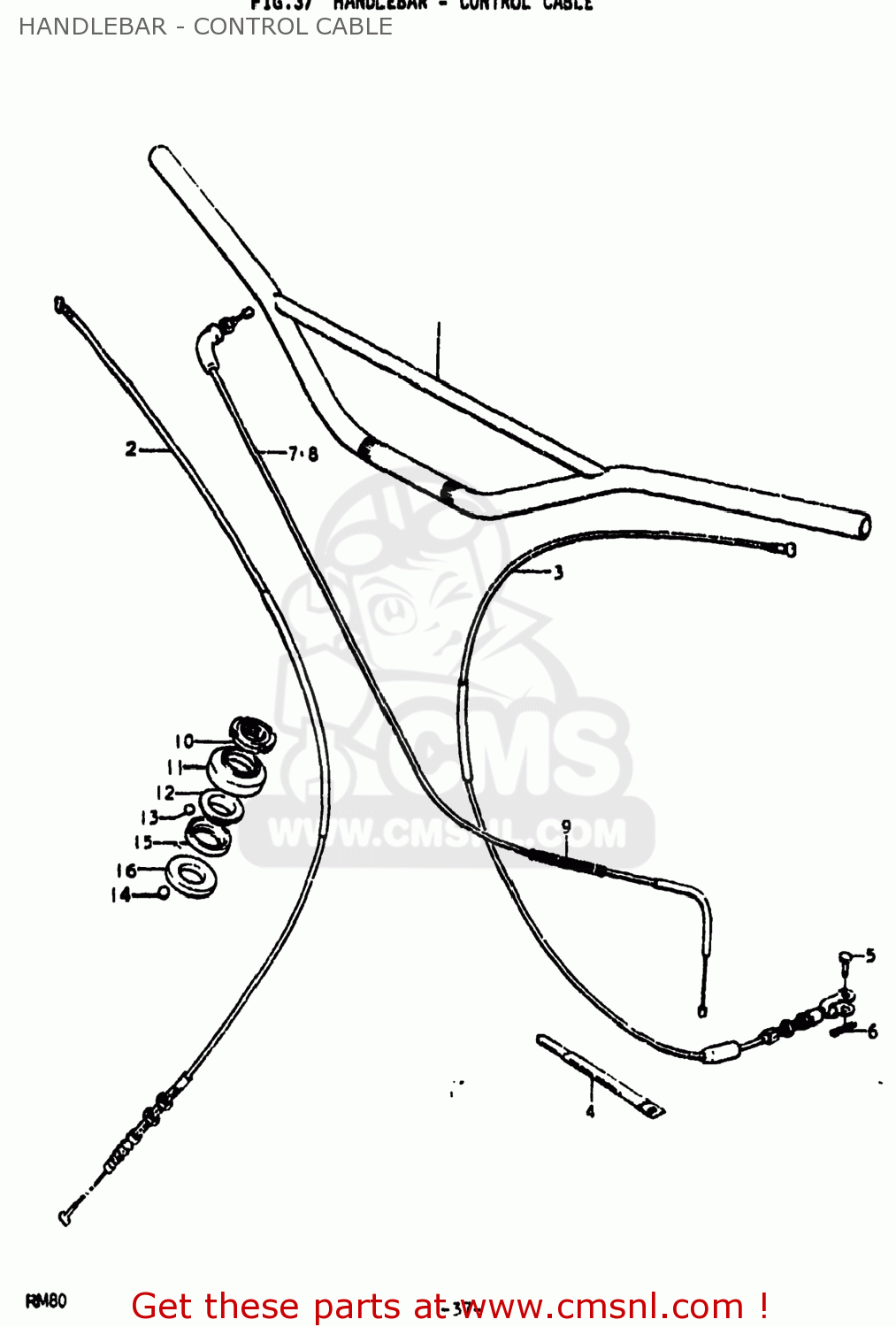 HANDLEBAR - CONTROL CABLE RM80 1977 (B) USA (E03)