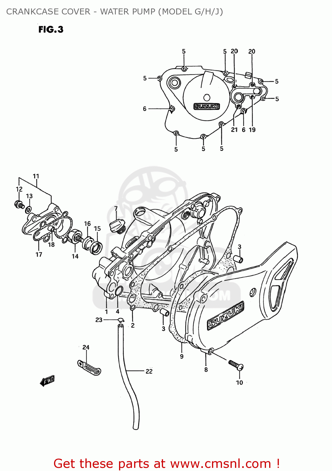 CRANKCASE COVER - WATER PUMP (MODEL G/H/J) RM80 1990 (L) USA (E03)